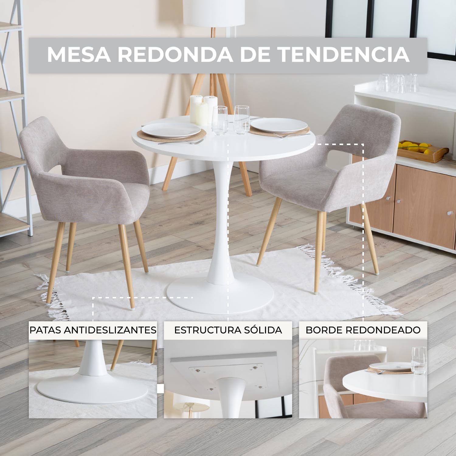 MEUBLE Cosy Scandinave Mesa de Comedor Redonda Escandinava 2-4 Personas para Salón Cocina, Madera de Ingeniería y Metal, Blanco, 80x80x73cm