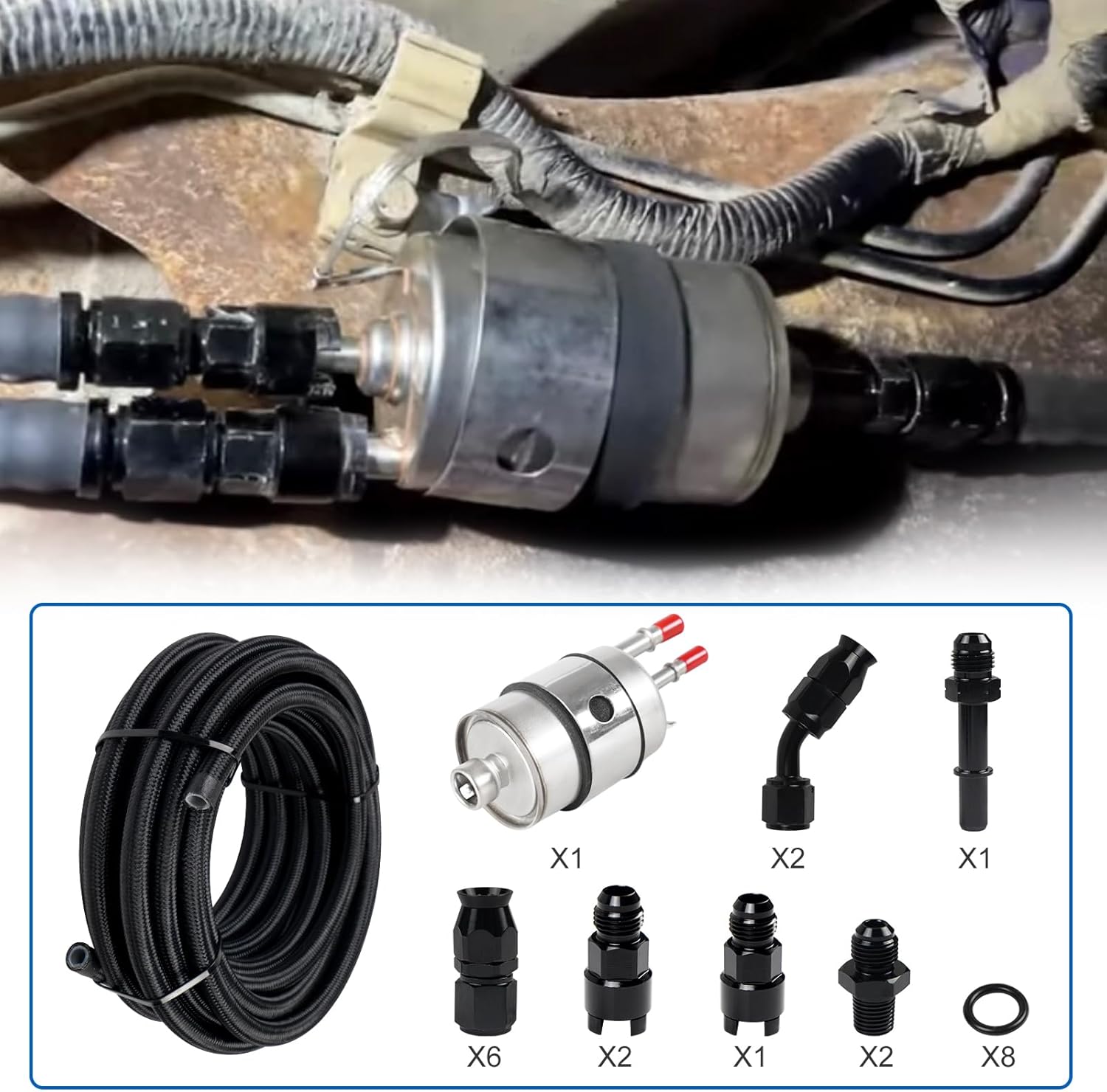 LS Swap EFI Fuel Injection Hose Line Fitting Kit with 6AN 3/8", PTFE EFI Fuel Hose Kit and 58 PSI Fuel Filter Regulator Return Fuel Rail Adpater