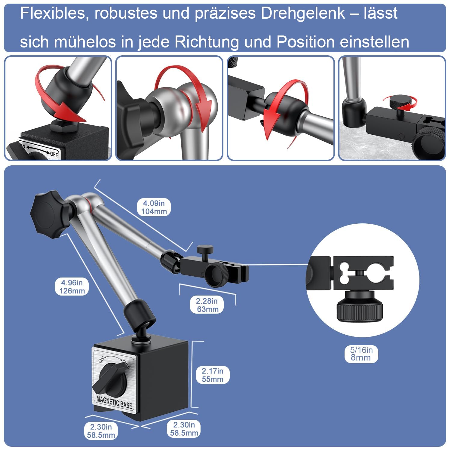 Messuhr mit Zentralklemmung, 0-20mm Messtaster, 0,01 mm Messgenauigkeit, 176lbs/80 kg mit Magnetfuß, für Messuhr mit konventionellem Zifferblatt