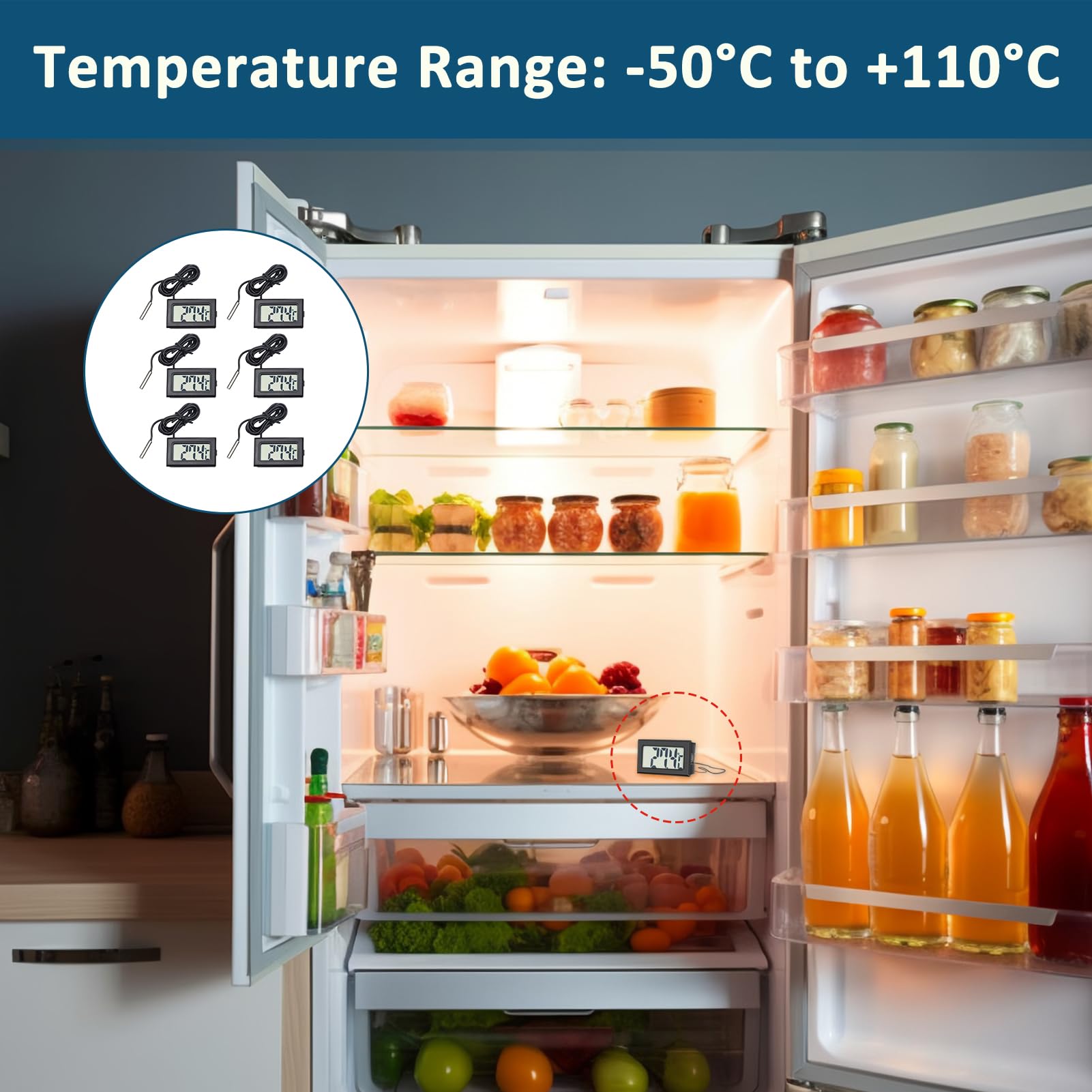 6 Pièces thermometre frigidaire, thermomètre aquarium avec sonde?Mini Thermomètre Numérique LCD Température pour Réfrigérateur et Congélateur, Étanche, Affichage LCD Clair, Fonction Mémoire Min/Max