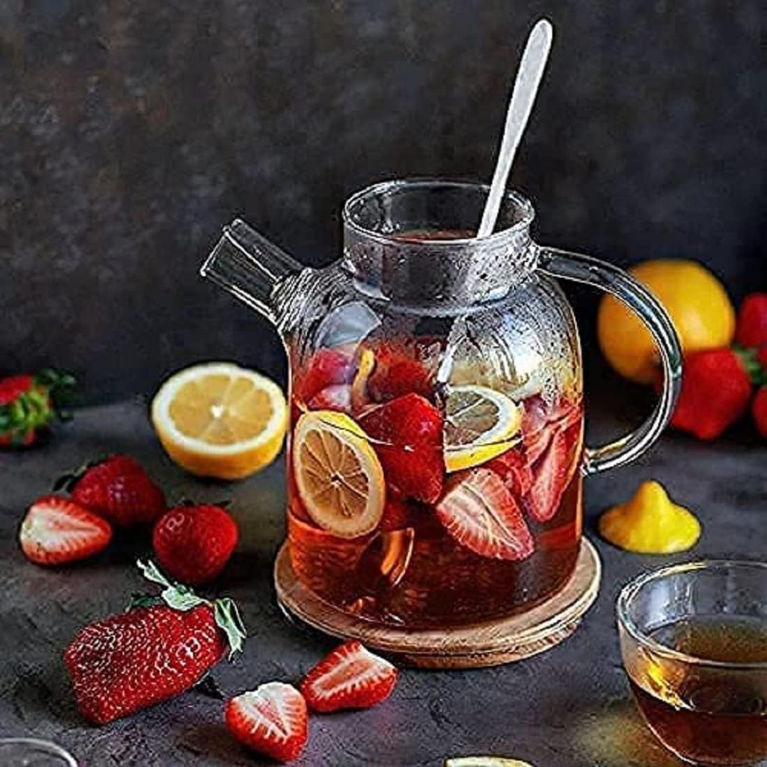 ROSEFINCH Glass Water Jug with Wooden lid, Glass Kettle, Large Handle with picher Set of 1, Transparent, Water for Hot/Cold Water, Bottle, Milk, Juice, Iced Tea, 1 Pcs Clear. 2