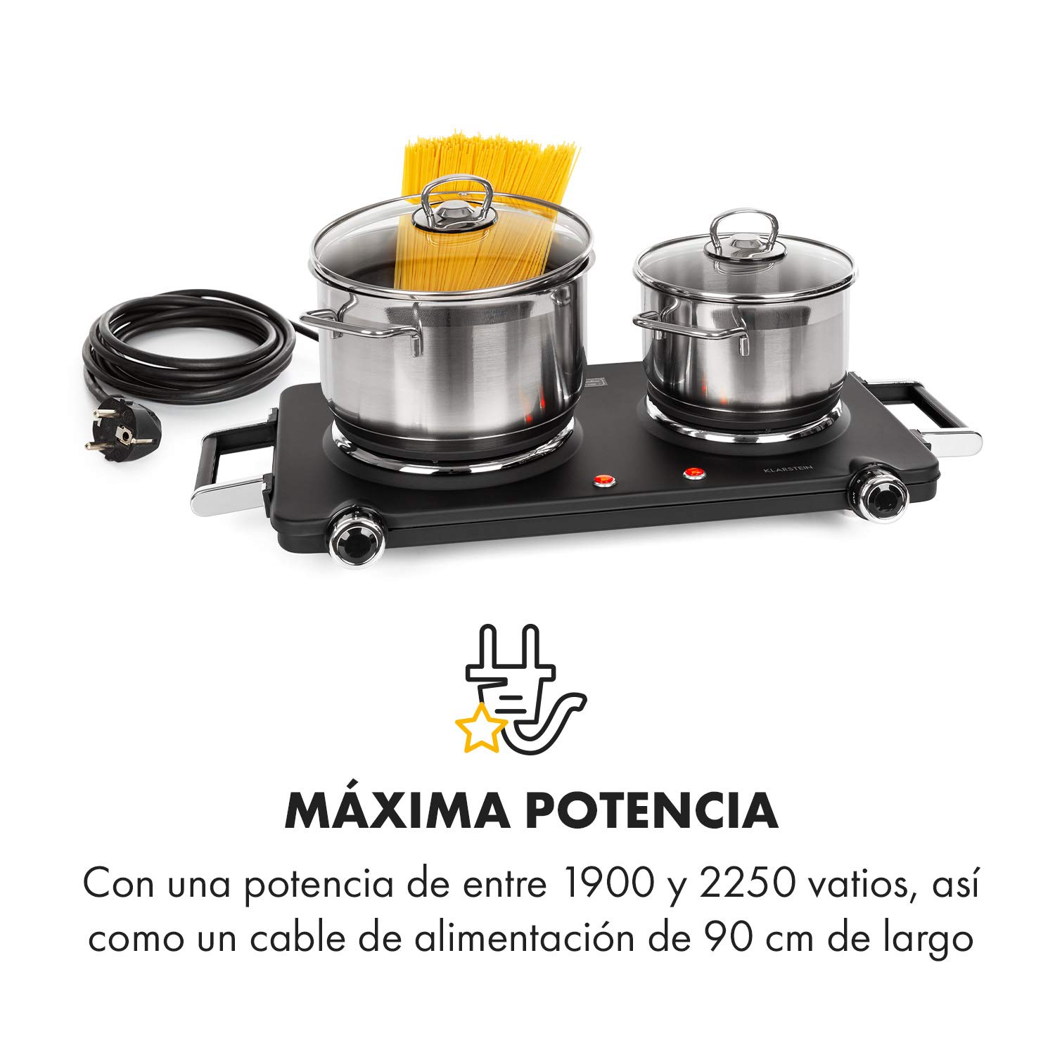 Klarstein Cookorama placa de cocina eléctrica doble - 2250 W, fogones de cocina de 150/180 mm Ø, luces de control, asas, 5 niveles de calor, placas de cocina para camping, negro
