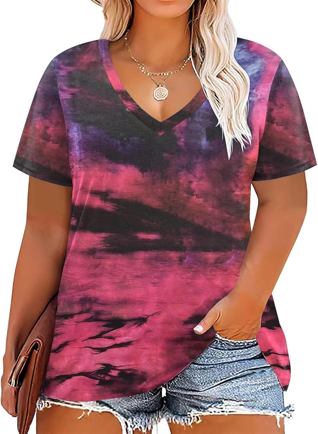 DOLNINE Womens Plus Size Tops Tie Dye Casual V Neck Summer Short Sleeve Loose Fit Shirts XL-5XL