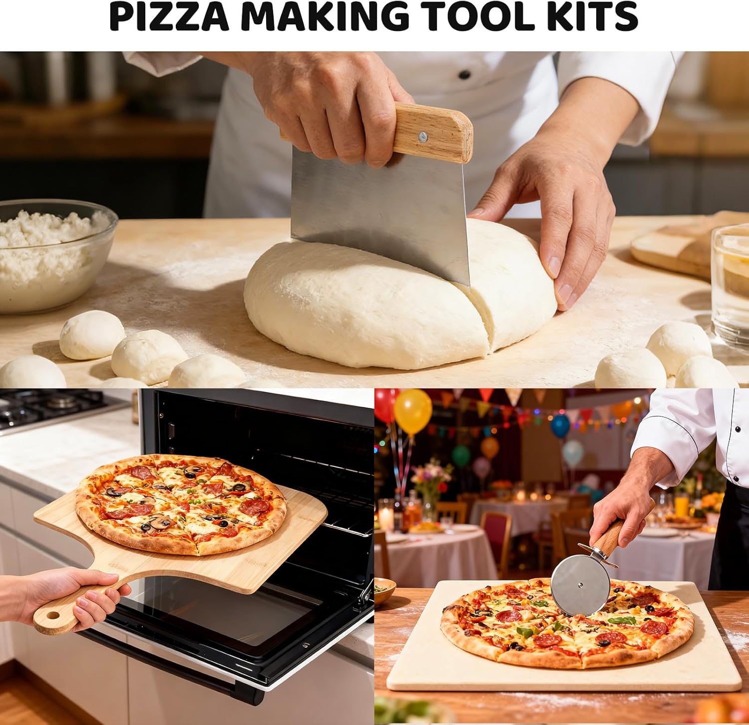 5 PCS Pizza Stone Set for Oven and Grill, Pizza Making Tools with 15" Baking Stone, Pizza Peel, Pizza Cutter Wheel, Oven brush, Scraper, for Pizza & Bread,Grill