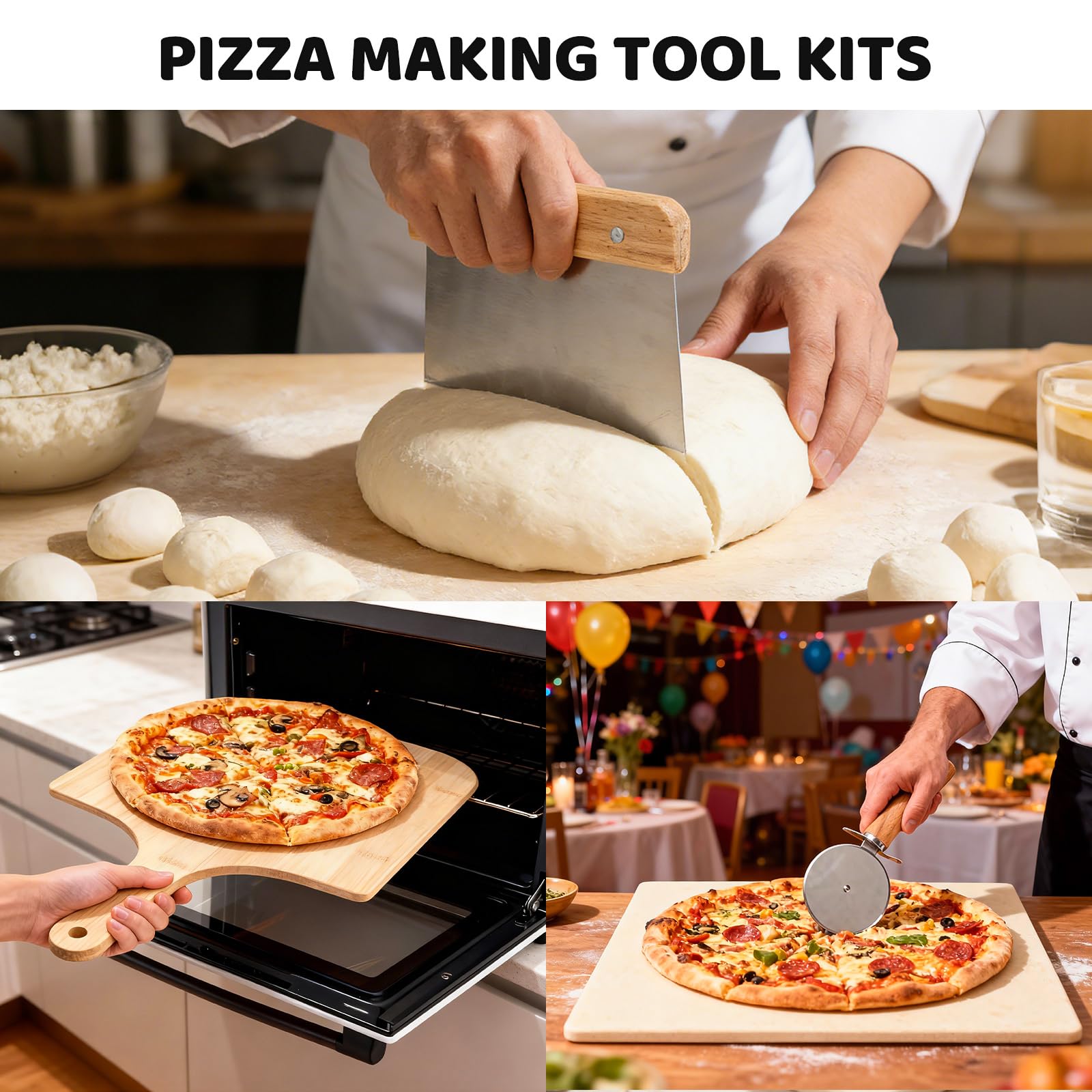 Juego de 5 piedras para pizza para horno y parrilla, herramientas para hacer pizzas con piedra de hornear de 37,5 cm, pala para pizza, cortador de pizza con rueda, cepillo para horno, raspador, para