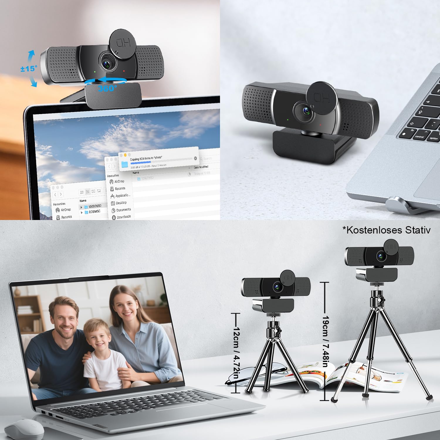 Webcam 2K Full HD, Neefeaer USB Webcam con microfono e copertura e treppiede, 85 punti di posizione, correzione automatica della luce, cancellazione del rumore, fotocamera PC con microfono compatibile