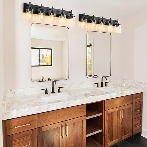 Miniatura 21 de GoYeel Accesorios de iluminación de tocador, aplique de pared negro mate de 3 luces negras con pantalla de vidrio transparente para dormitorio, 3