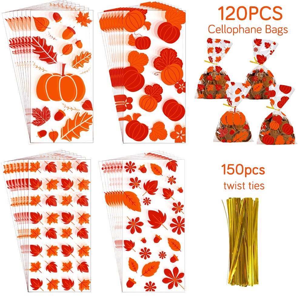 JOICEE Zellophantüten – 120 Stück Mit Ahornblatt-Muster, Für Halloween & Thanksgiving