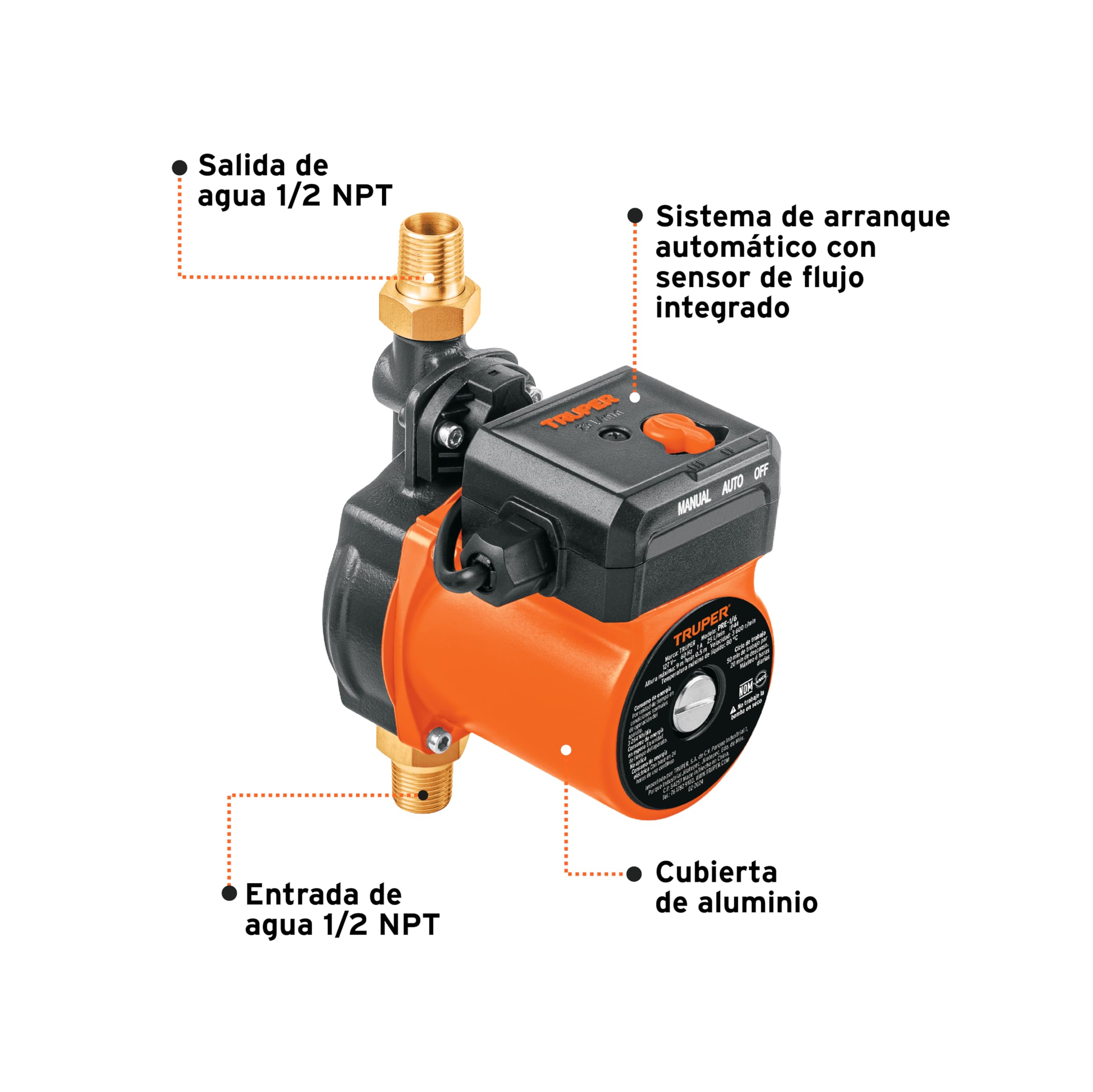 Truper Bomba de Presurización 1/6 HP, Naranja, Plástico, Above Ground, Water Pressure Pump