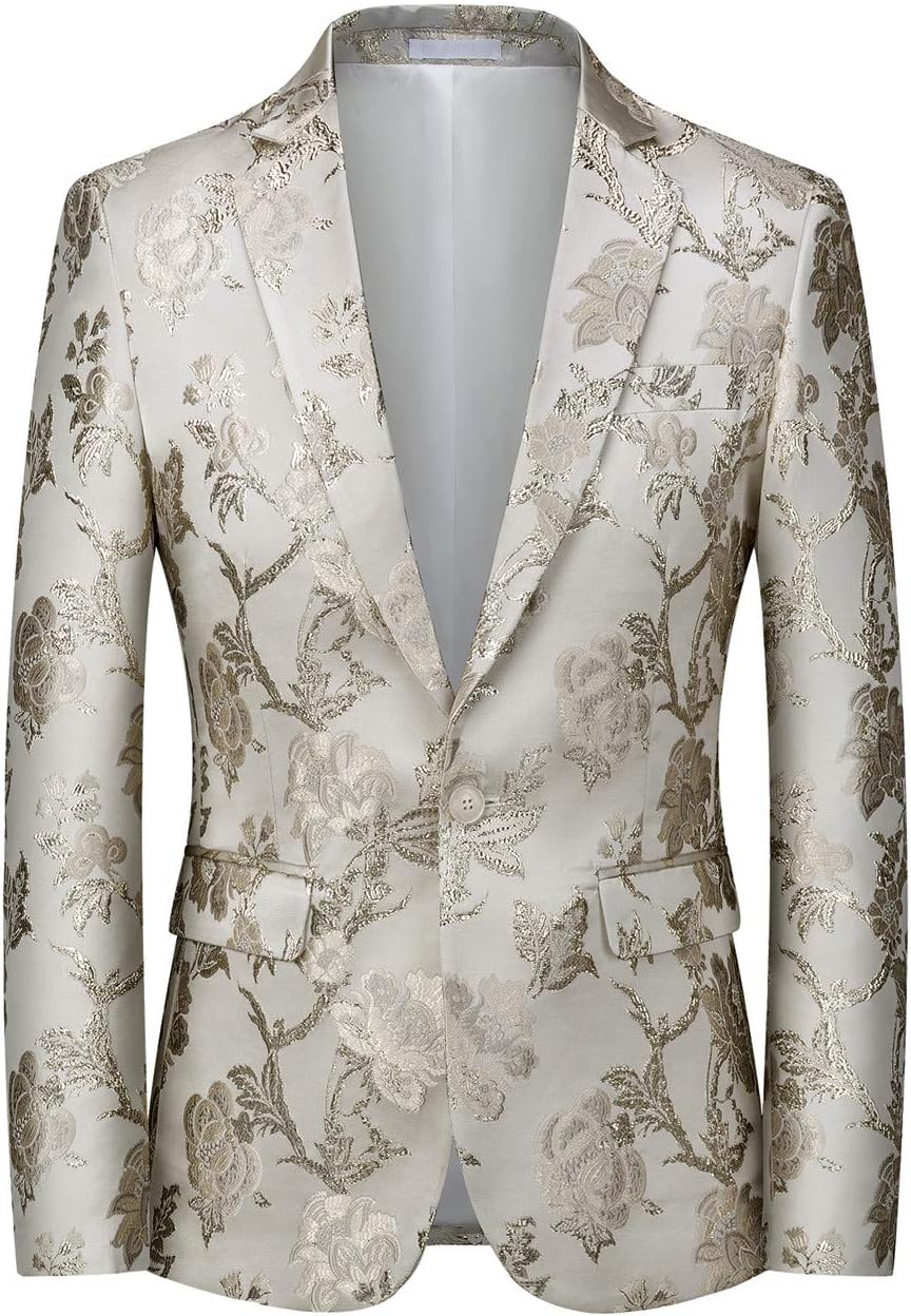 MOGU Mens Metallic Jacquard Blazer Slim Fit Elegant Tuxedo Suit Jacket for Daily Prom Party