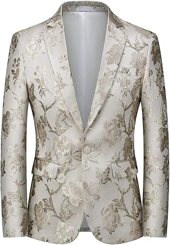 MOGU Mens Metallic Jacquard Blazer Slim Fit Elegant Tuxedo Suit Jacket for Daily