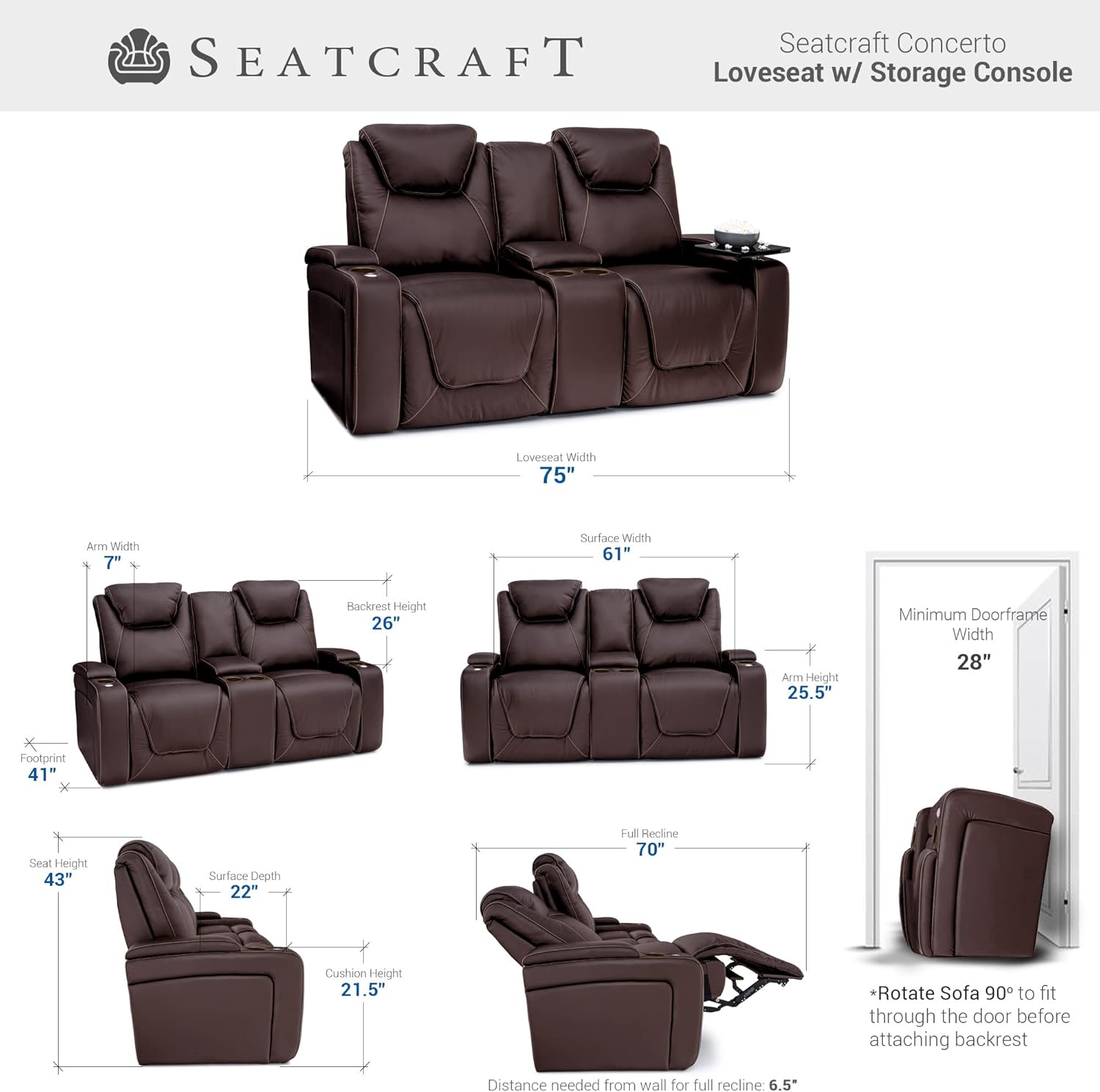 Seatcraft Concerto Heat and Massage, Italian Leather Sofa w/Fold-Down Table and Loveseat w/Storage Console, Power Headrest, Lumbar, Recline, Brown