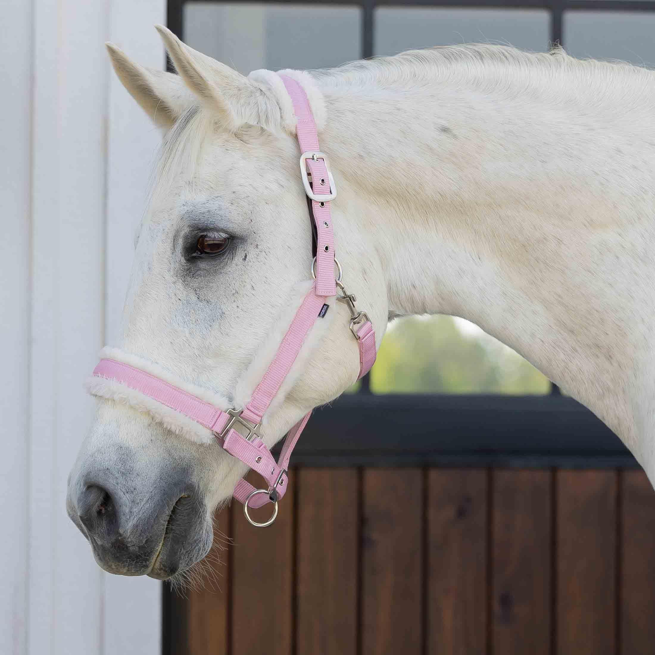 Equinavia Valkyrie - Cabestro de caballo de forro polar ultra ajustable, acolchado con cincha de nailon, color rosa dulce, blanco marfil, caballo