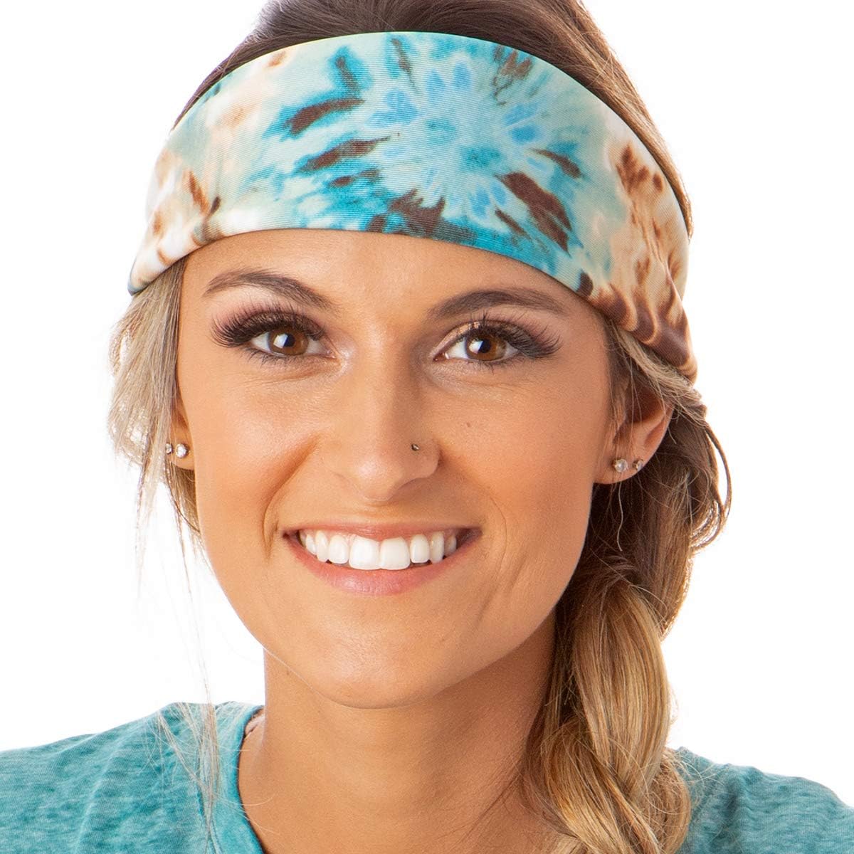 Hipsy Adjustable & Stretchy Wide Printed Xflex Headbands for Women Girls & Teens (Xflex Tan/Blue Tie Dye 1pk)