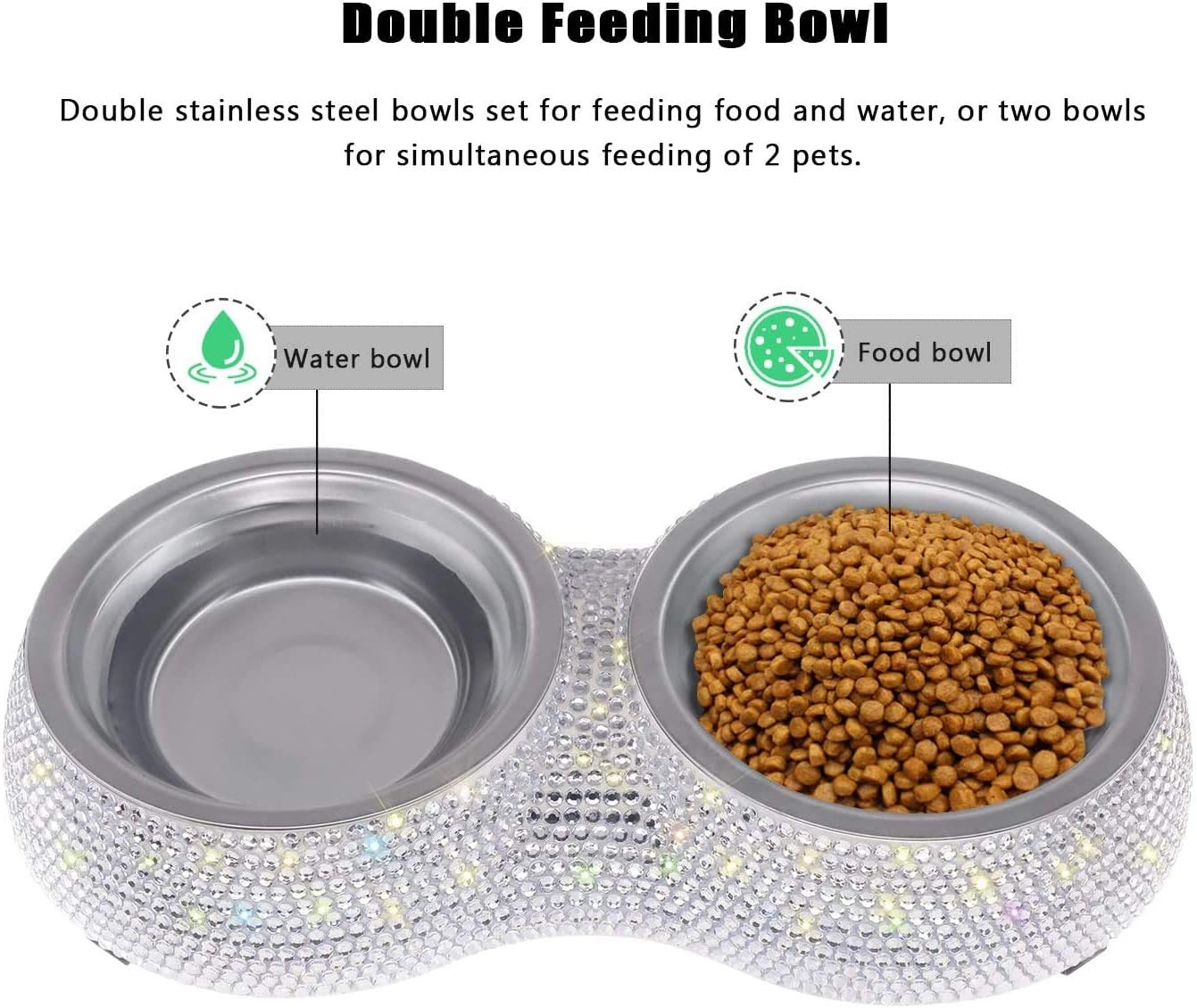 SAVORI Small Dog Bowls, Handmade Bling Rhinestones Stainless Steel Pet Bowls Double Food Water Feeder for Puppy Cats Dogs Cats (Silver-320ml)