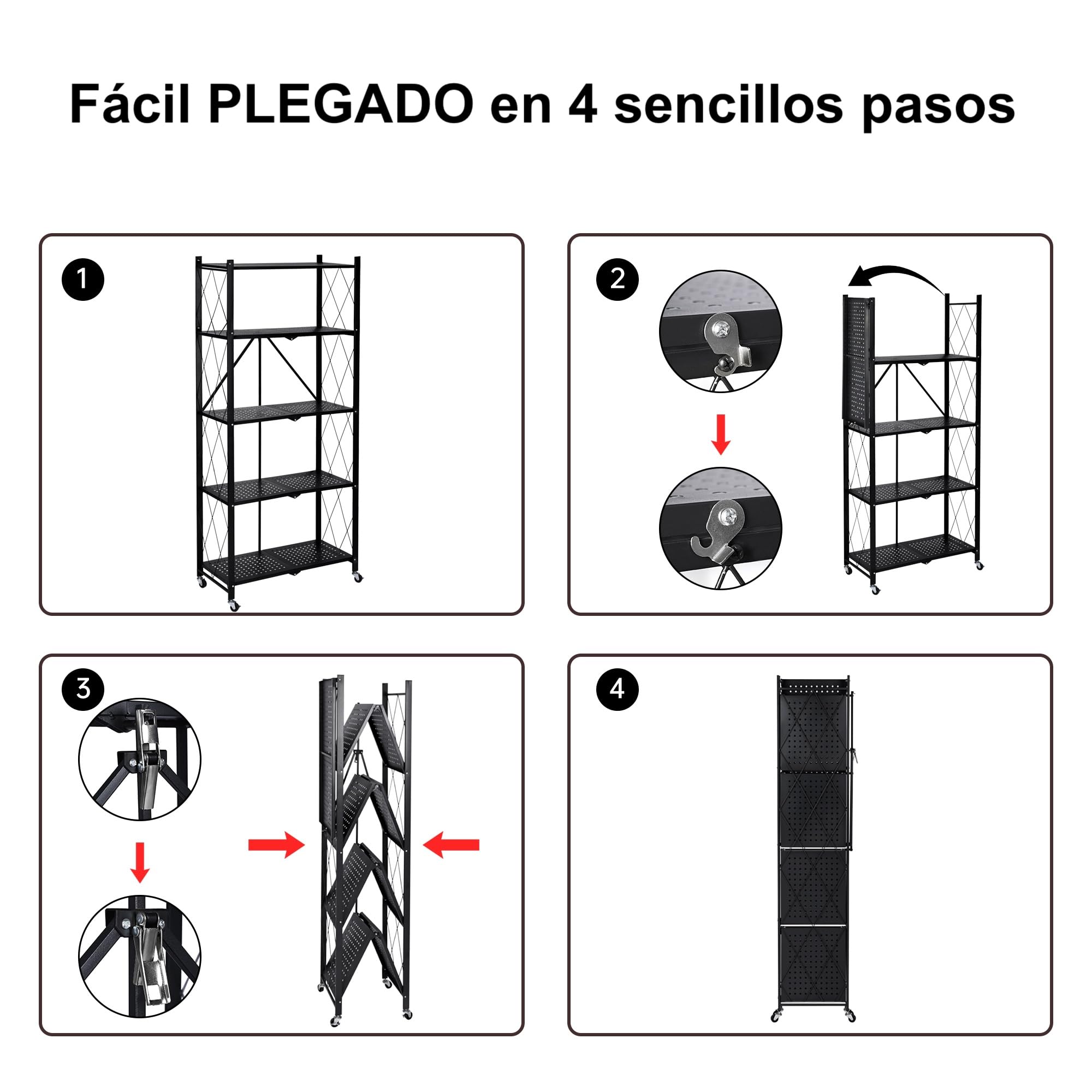 Estantería Plegable de Metal con Ruedas | Mueble Organizador con 5 estantes Resistentes y Estructura Reforzada | Diseño portátil, fácil de Montar y versátil para Cocina, Oficina, Garaje o Dormitorio