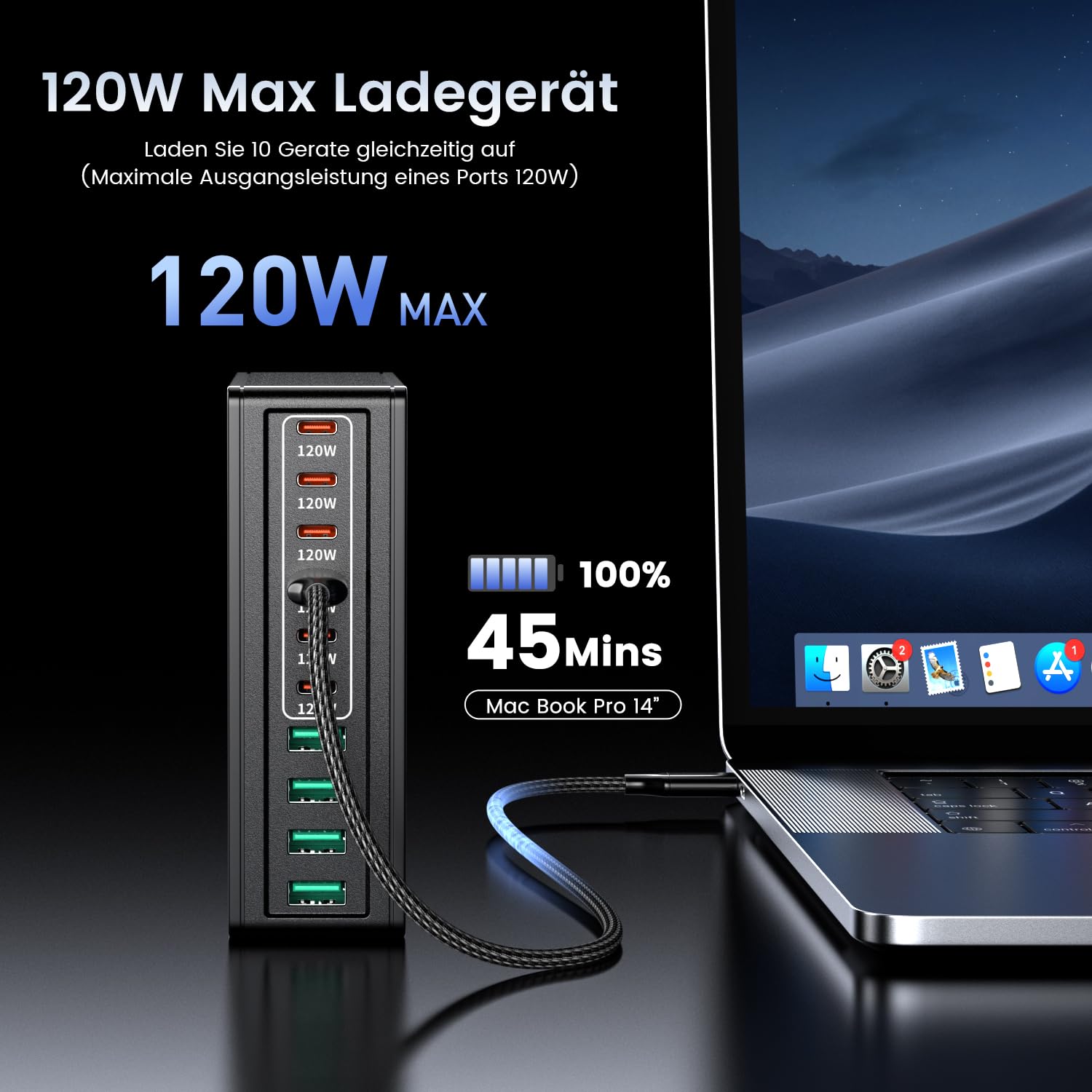 HSSNS 700W Ladegerät – 10-Port Schnellladegerät mit GaN, 6× USB-C & 4× USB-A, PD & PPS für MacBook, iPad, iPhone