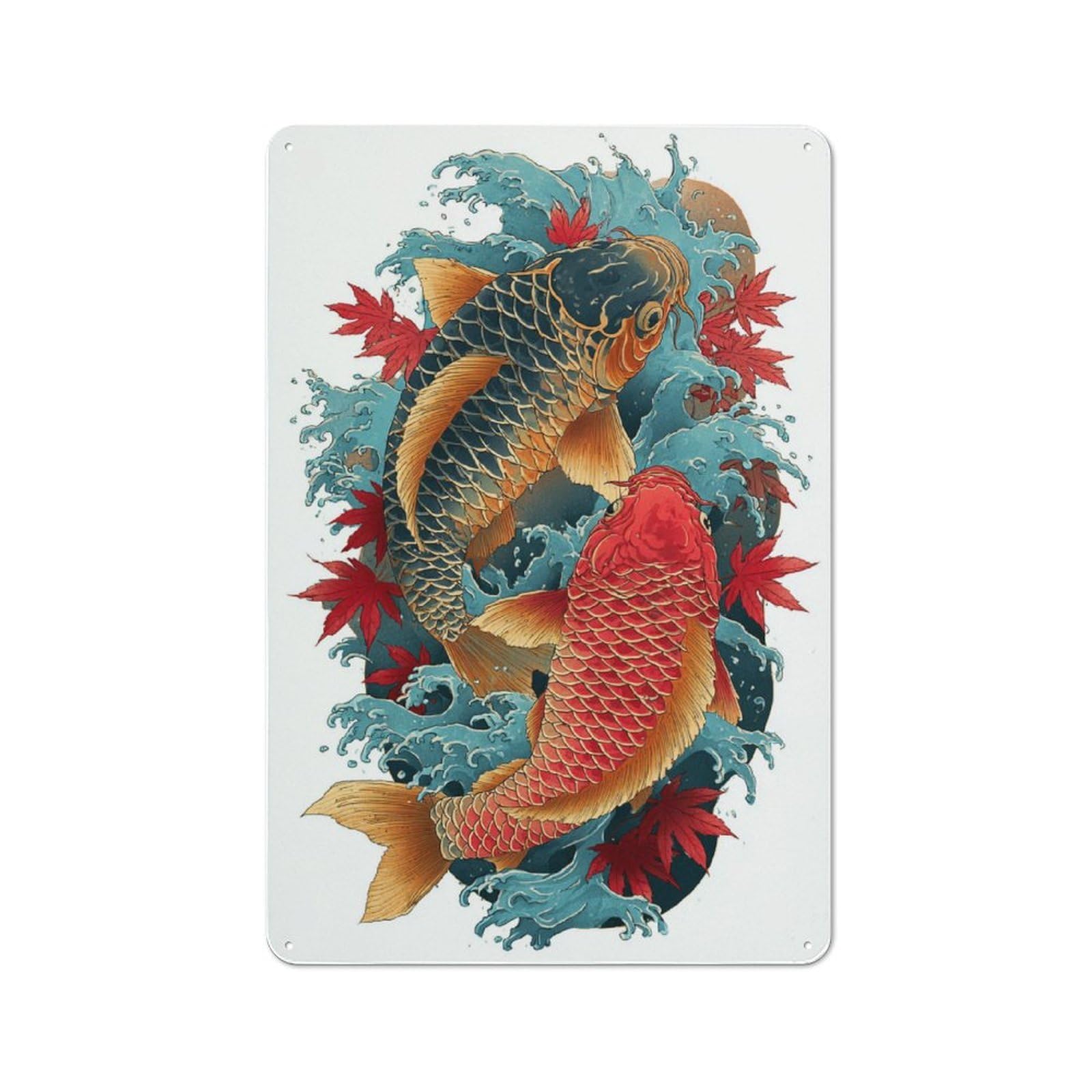 Junmoney Koi Waves & Leaves Retro Metal Plaque 30X20cm For Lounge Or Reading Corner, Winter Wall Decor For Reading Corner Decorators