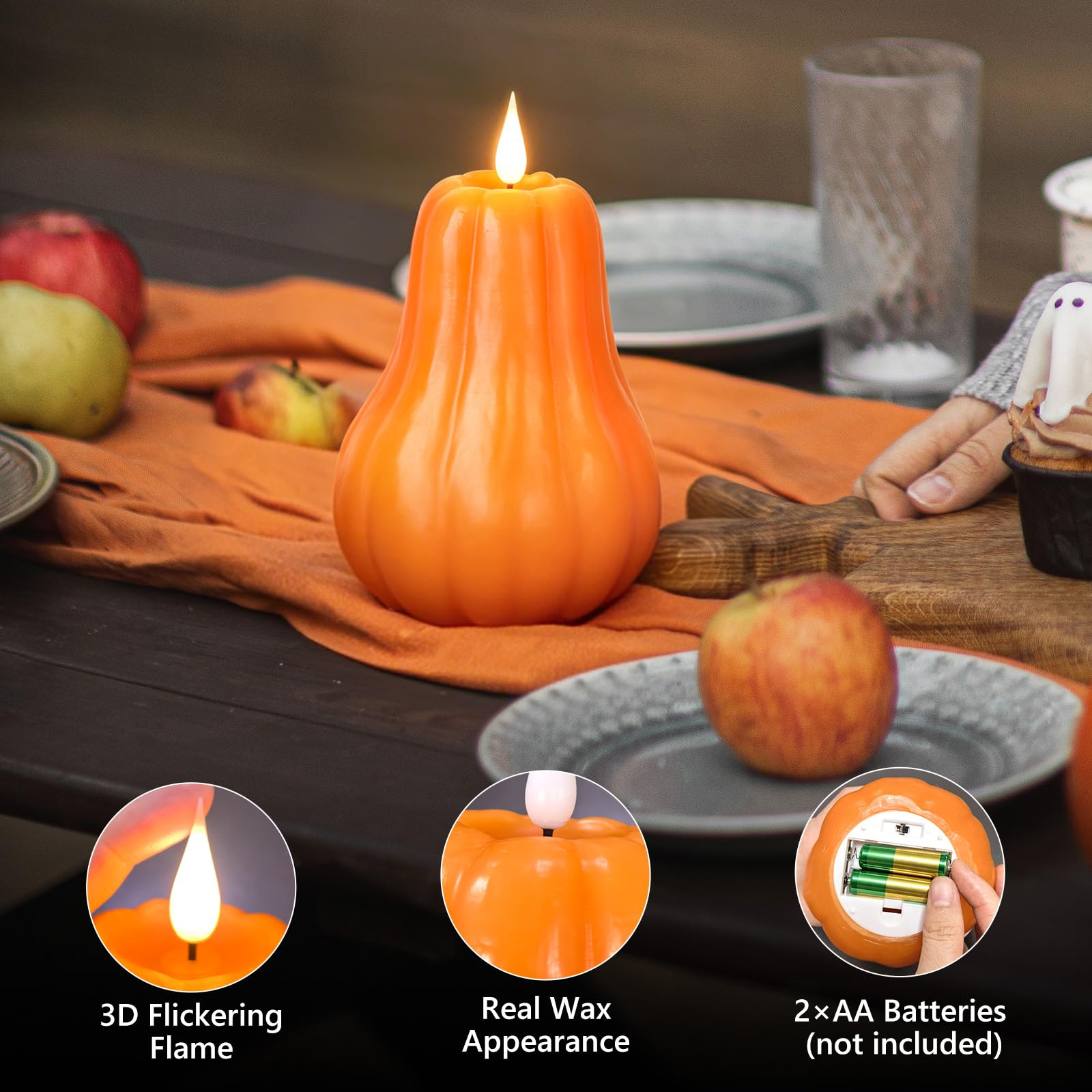 Confezione da 1 candela a forma di zucca senza fiamma, candela LED tremolante, candela a batteria, vera cera, decorazione per la casa, Halloween, Ringraziamento e autunno, candele senza