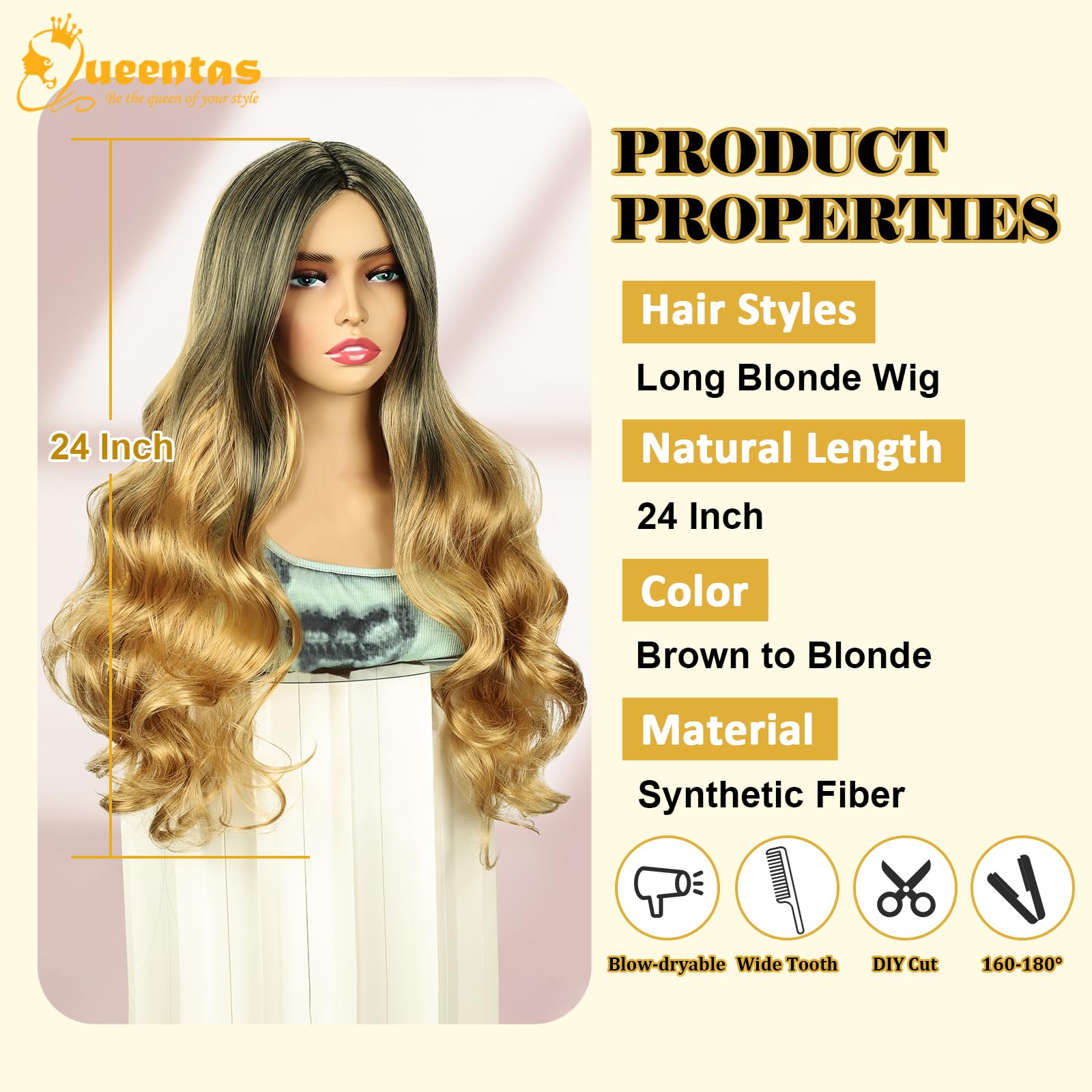 QUEENTAS Long Blonde Wigs for Women Synthetic Curly Wig for Daily Party Cosplay Halloween (Black mixed Blonde) - Image 3