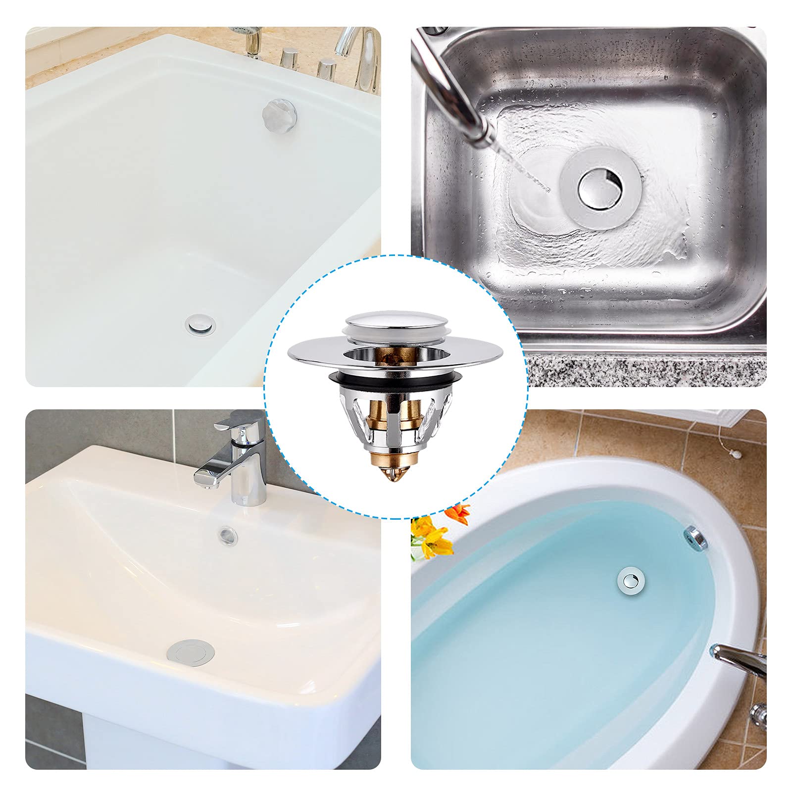 Tappo Lavandino Bagno Universale Piletta Click Clack Lavabo Bagno Scarico Lavabo Pop UP Ottone,Filtro di Scarico Rimbalzo del Lavabo Bagno (Argento)