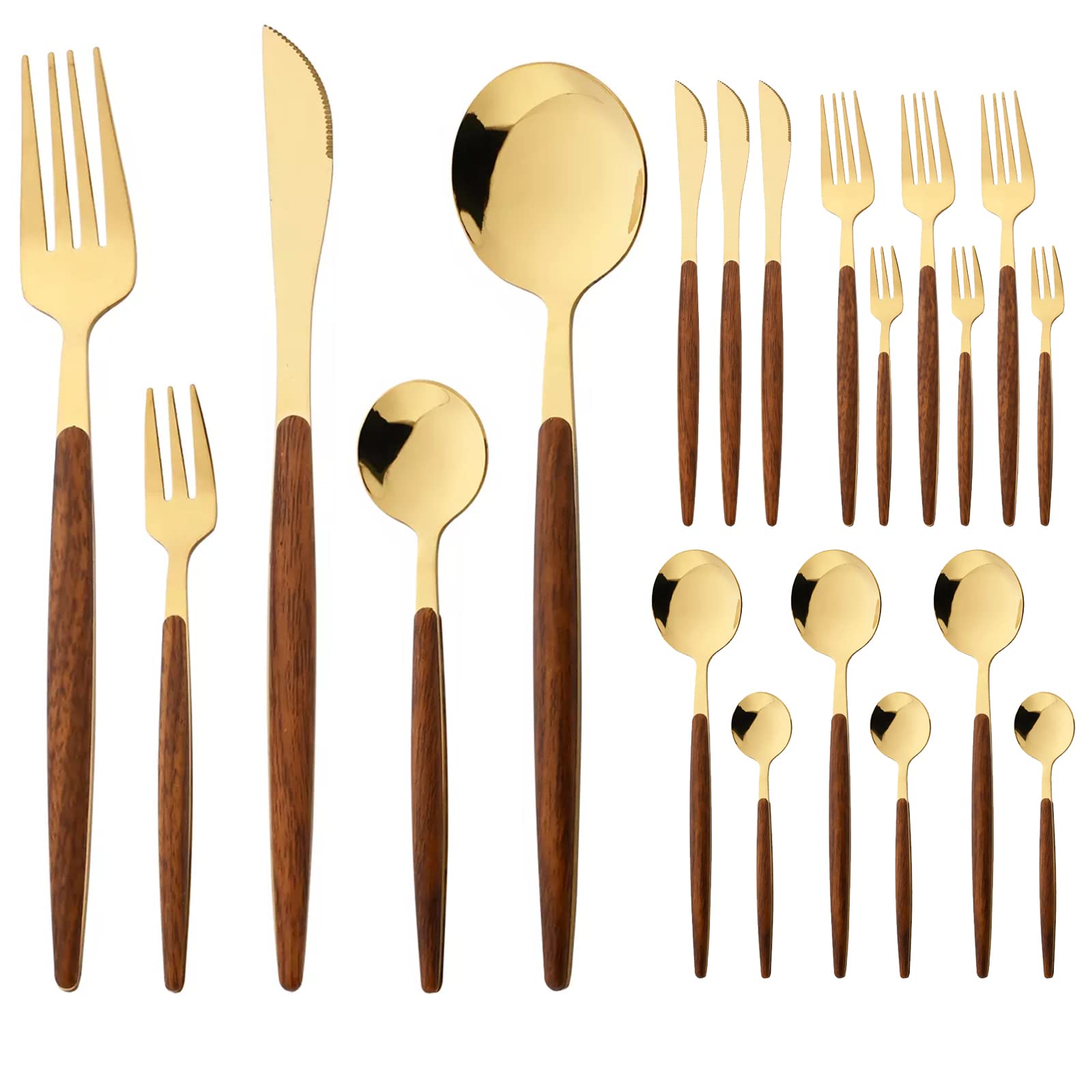 BRIIEC 20-piece Wood Silverware Set for 4, Include Knife Fork Spoon, Stainless Steel Flatware Set with Wooden Handle, Mirror, Dishwasher Safe, for Home Kitchen Travel - Round Handle Gold