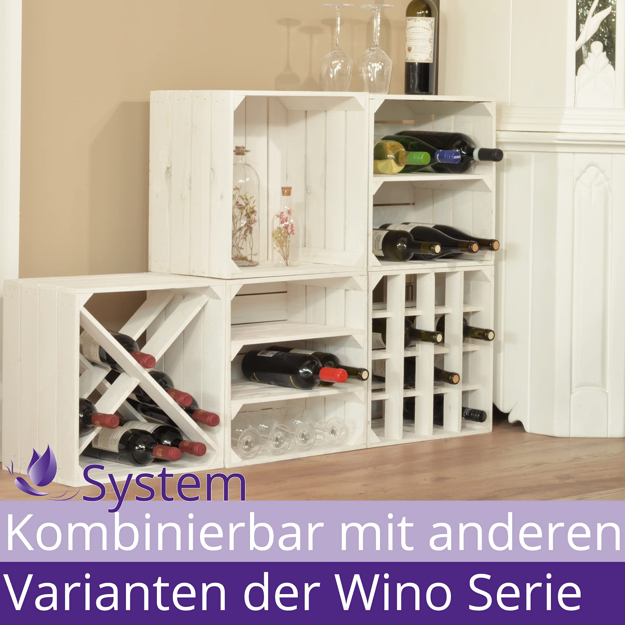 3 Set Weinregal Wino aus Holz - Weiß 2x Regal Holzkiste
