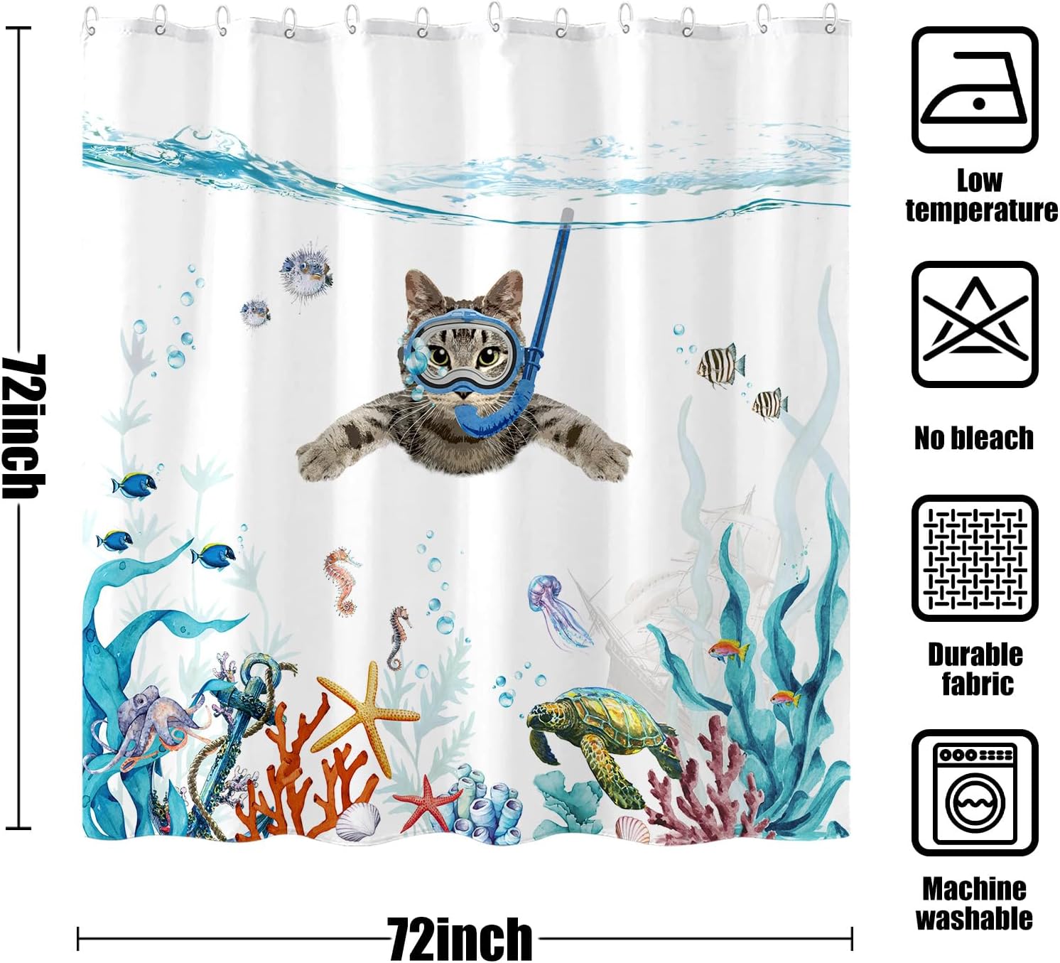Funny Cat Shower Curtain Set Teal Blue Sea Ocean Waterproof Fabric Shower Curtains with Animal Octopus Starfish Turtle Anchor Fish Nautical Bathroom Decor (Blue, 72''×72'')