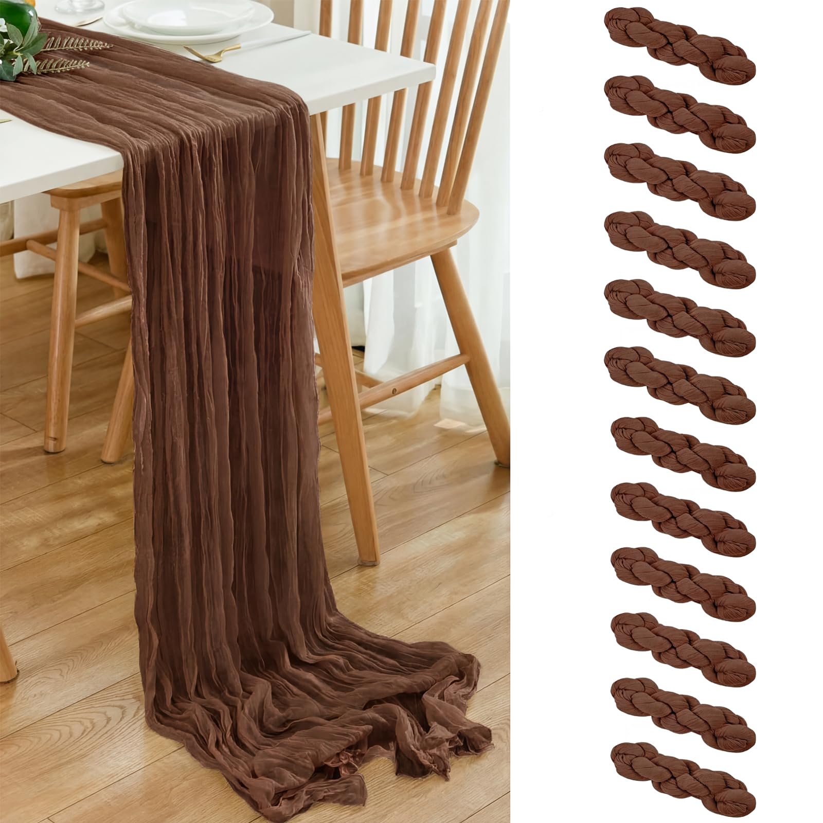 Photo 1 of 12 Pack Brown 10 Ft Cheesecloth Table Runner 21x120 Inch Boho Wrinkled Sheer Romantic Gauze Decor for Wedding, Bridal Shower, Birthday Party