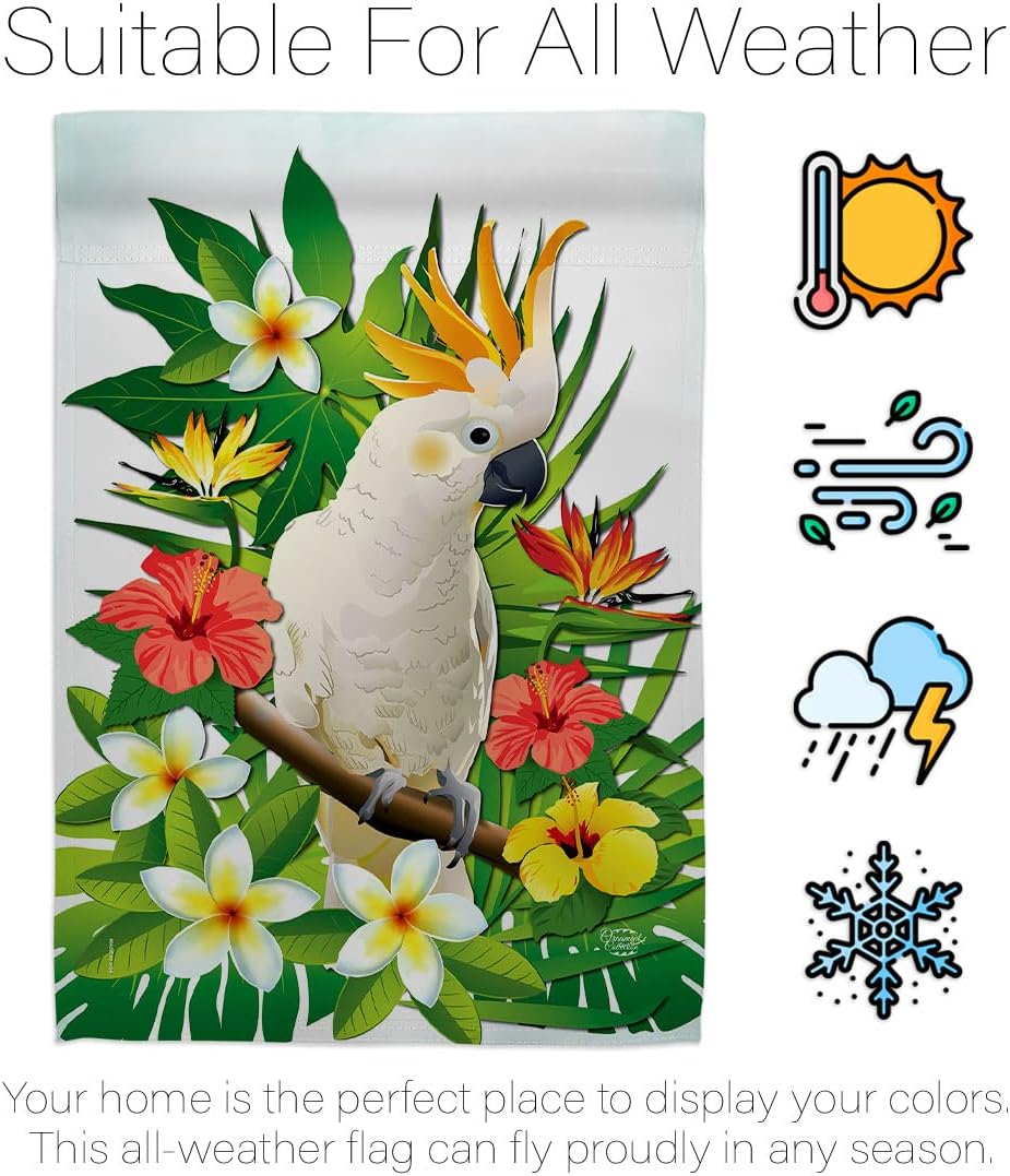 Tropical Cockatoo Garden Flag - Set Wall Hanger Coastal Ocean Beach Seashells Pineapple Outdoor Summer Aloha - House Decoration Banner Small Yard Gift Double-Sided Made In USA 13 X 18.5