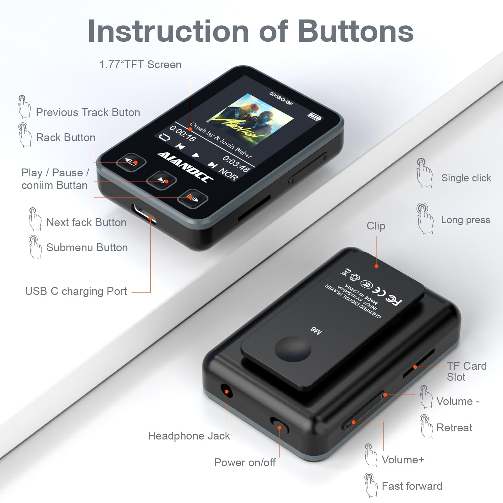 MP3 Player Bluetooth 5.3 mit Sport Clip und Sportarmband, mp3-player mit 1,77 Zoll TFT Farbbildschirm, Mp3 Player mit Kopfhörer, Unterstützt bis 128GB SD Karte, Schwarz