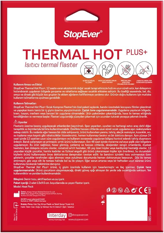 StopEver Thermal Hot Plus+ Heat Therapy Hot Compress Flaster – Muscle and Joint Relaxant (2x2 Pack) | Fast Effect with Exothermic Temperature Lasting 12 Hours | Heat Tape for Waist and Back Pain