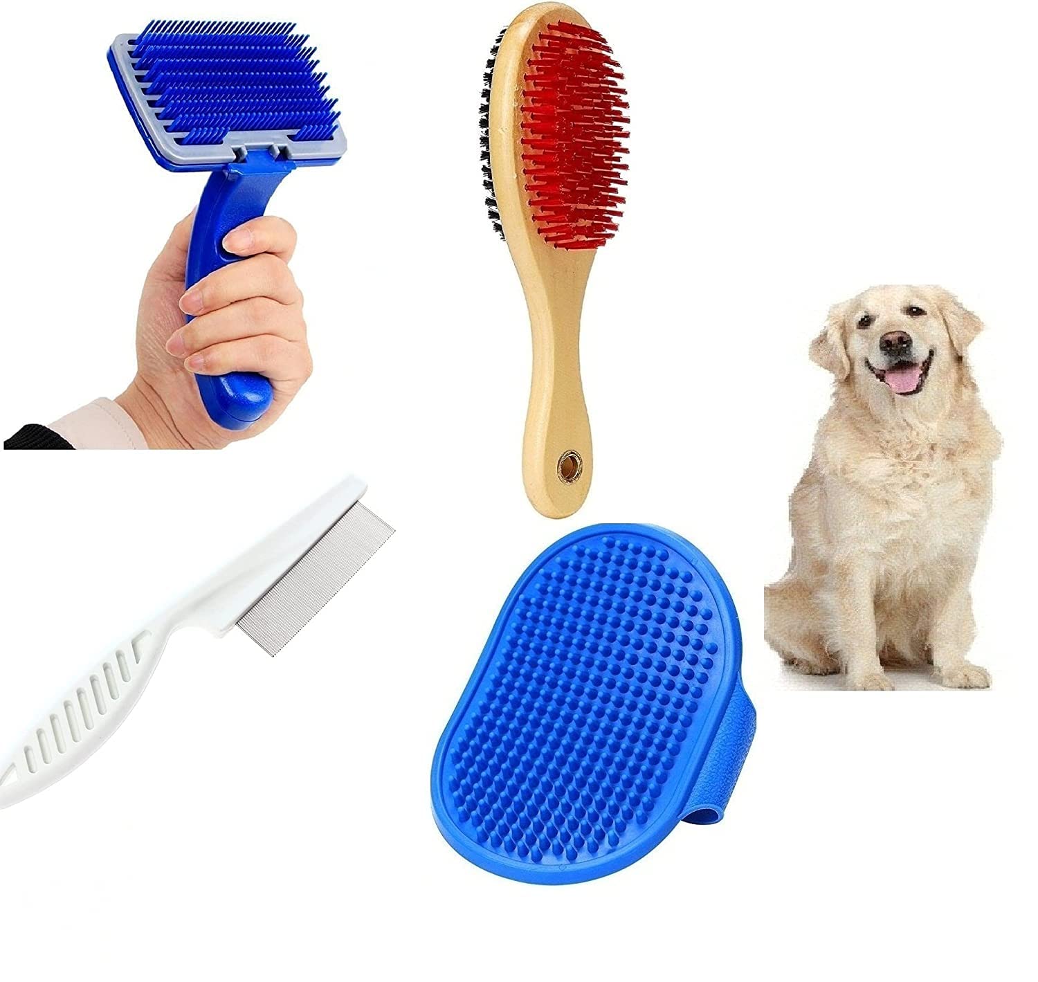 RvPaws (Combo of 4) Imported Pet Hair Flea Comb + Slicker + Wooden Brush + Bath Gloves Grooming Kit for All Pets Dog, Cat, Rabbit, Hamster, Puppy (B09K8225RP) Amazon Price History, Amazon Price Tracker
