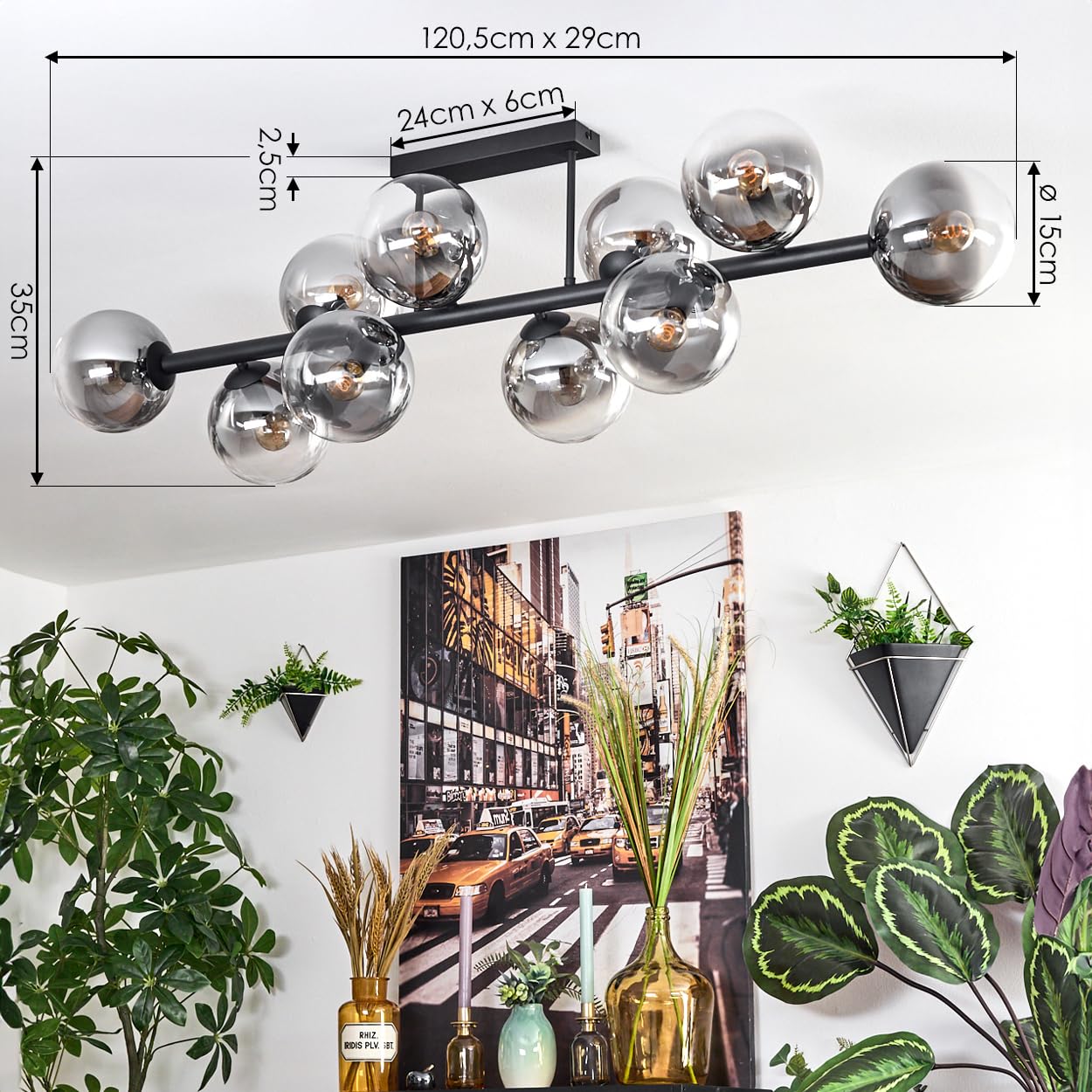 HOFSTEIN Deckenleuchte Chehalis, 10-flammige Deckenlampe aus Metall/Glas in Schwarz/Rauch/Klar, Leuchte im Retro/Vintage-Design (Schirme Ø 15 cm), E14, Esszimmer, Wohnzimmer, Schlafzimmer, Küche