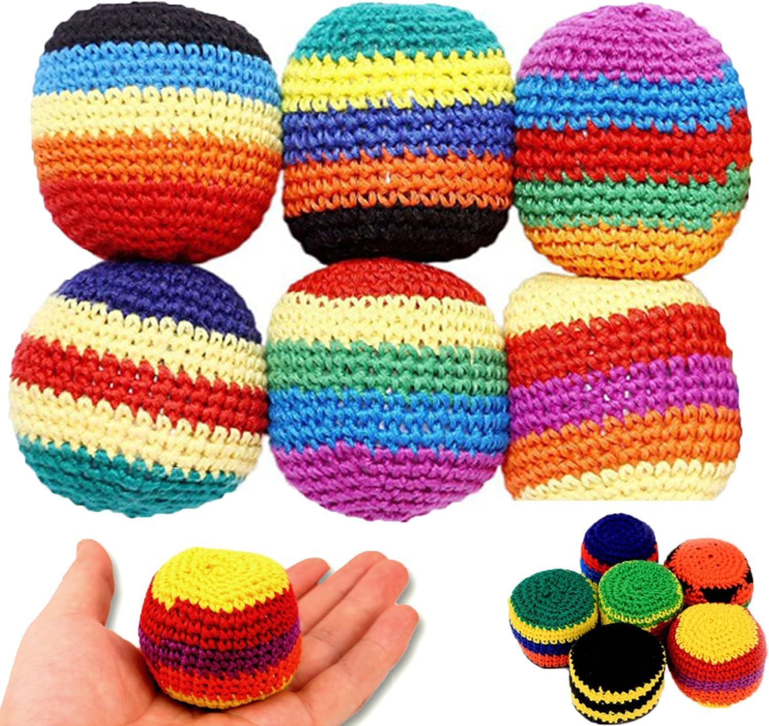 ZHRUOYAO Handmade Crocheted Footbag, Pack of 6 – Random Colors, Sand-Filled, Durable Woven Cotton Kick Balls for Juggling, Tricks, Outdoor Play, Party Games & Coordination Training