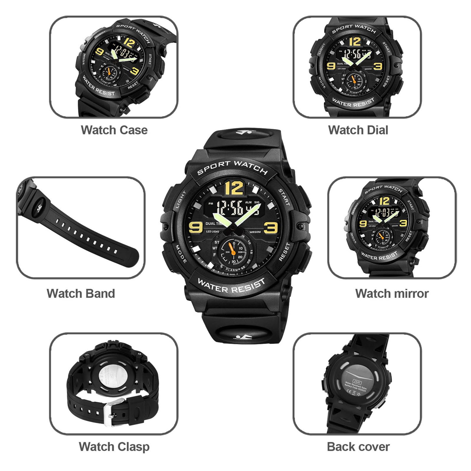 Reloj digital para hombre y mujer, con cronómetro, iluminación, alarma, calendario, cuarzo, doble tiempo, retroiluminación, reloj deportivo con correa de silicona