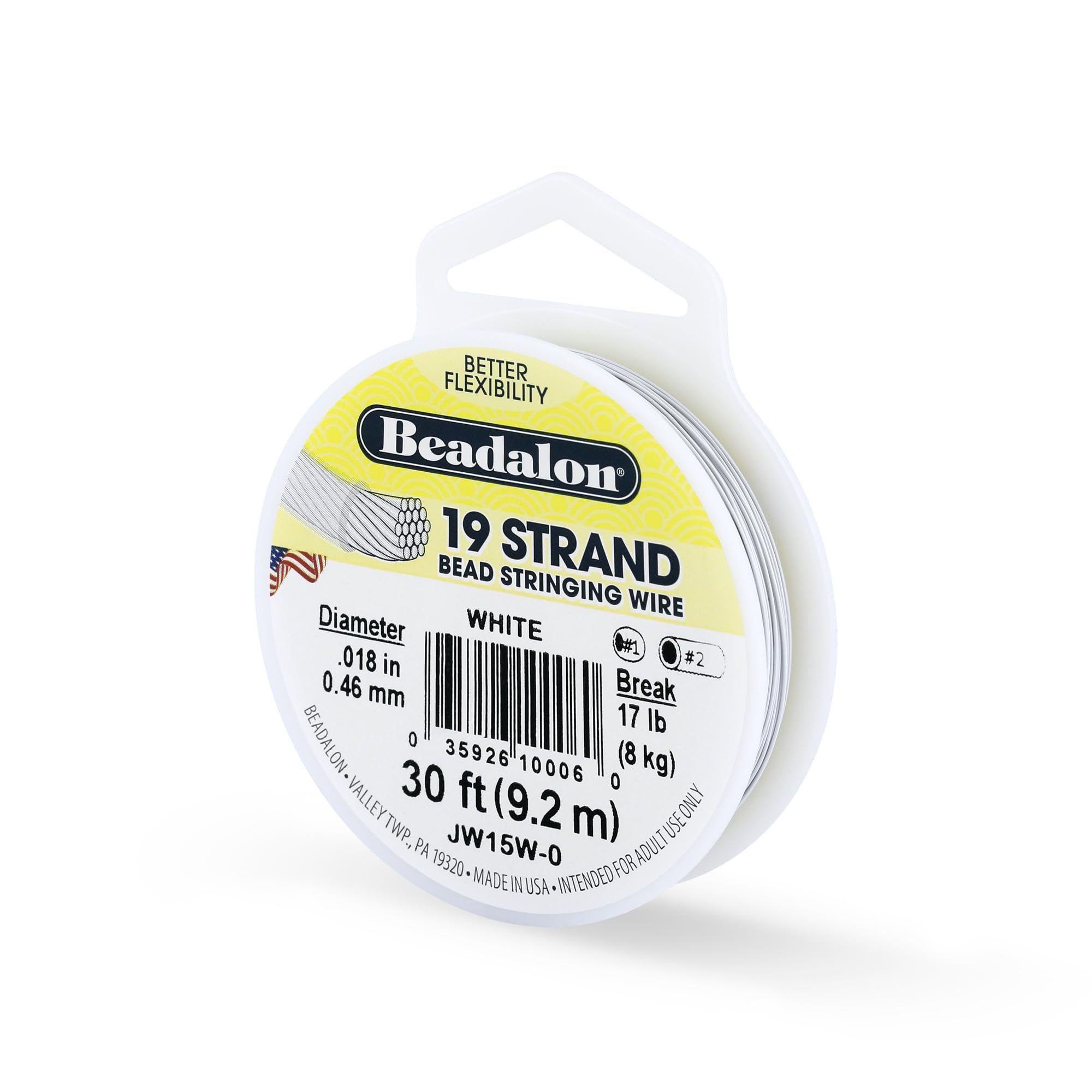 Beadalon 19-Strand Bead Stringing Wire, 0.018-Inch, White, 30-Feet