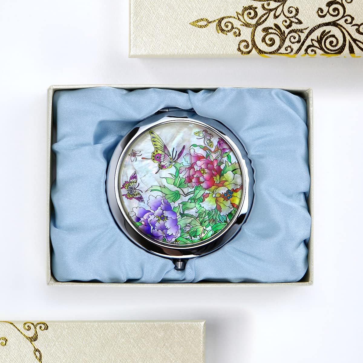 Compact Mirror–Mother of Pearl Magnifying Mirror–One-Touch Travel Makeup Mirror–Elegant Handheld Mirror with Floral Design–Dual-Sided Portable Mirror–Traditional Korean Painting(Butterfly TreePeony)