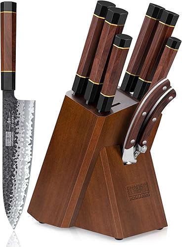 Miniatura 8 de HOSHANHO Juego de 7 piezas de cuchillos con bloque magnético, juego de cuchillos de cocina de acero de alto carbono japonés, juego de cuchillos