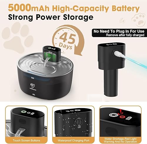 Miniatura 6 de Fuente de agua inalámbrica para gatos de acero inoxidable, fuente de agua para mascotas de 108 oz3.2 L, funciona con pilas con 2 modos, dispensador