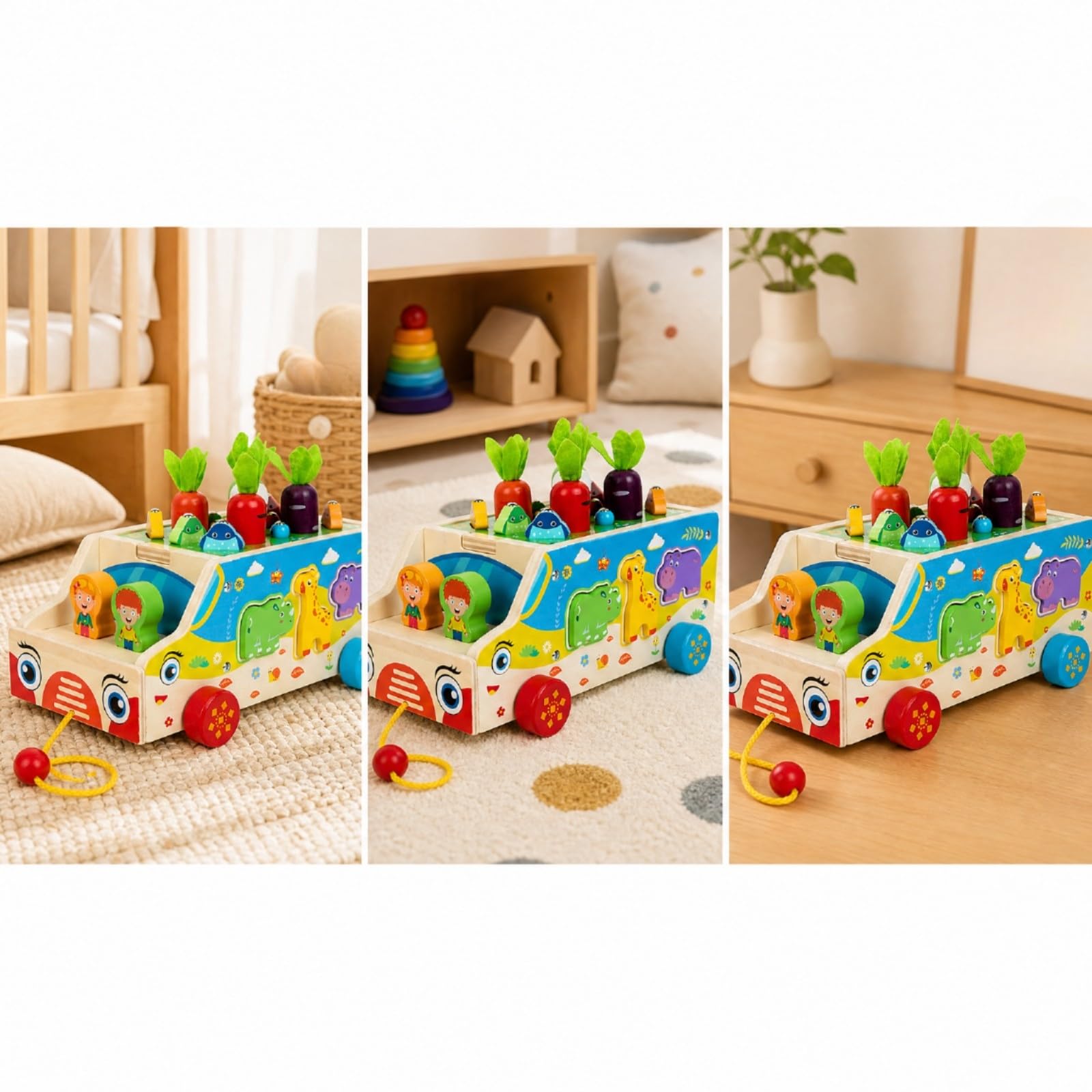 Carrito Actividas Remolque Multifuncional Carrito con Juego Pesca y Verduras Colorido Juguete Educativo para Casa