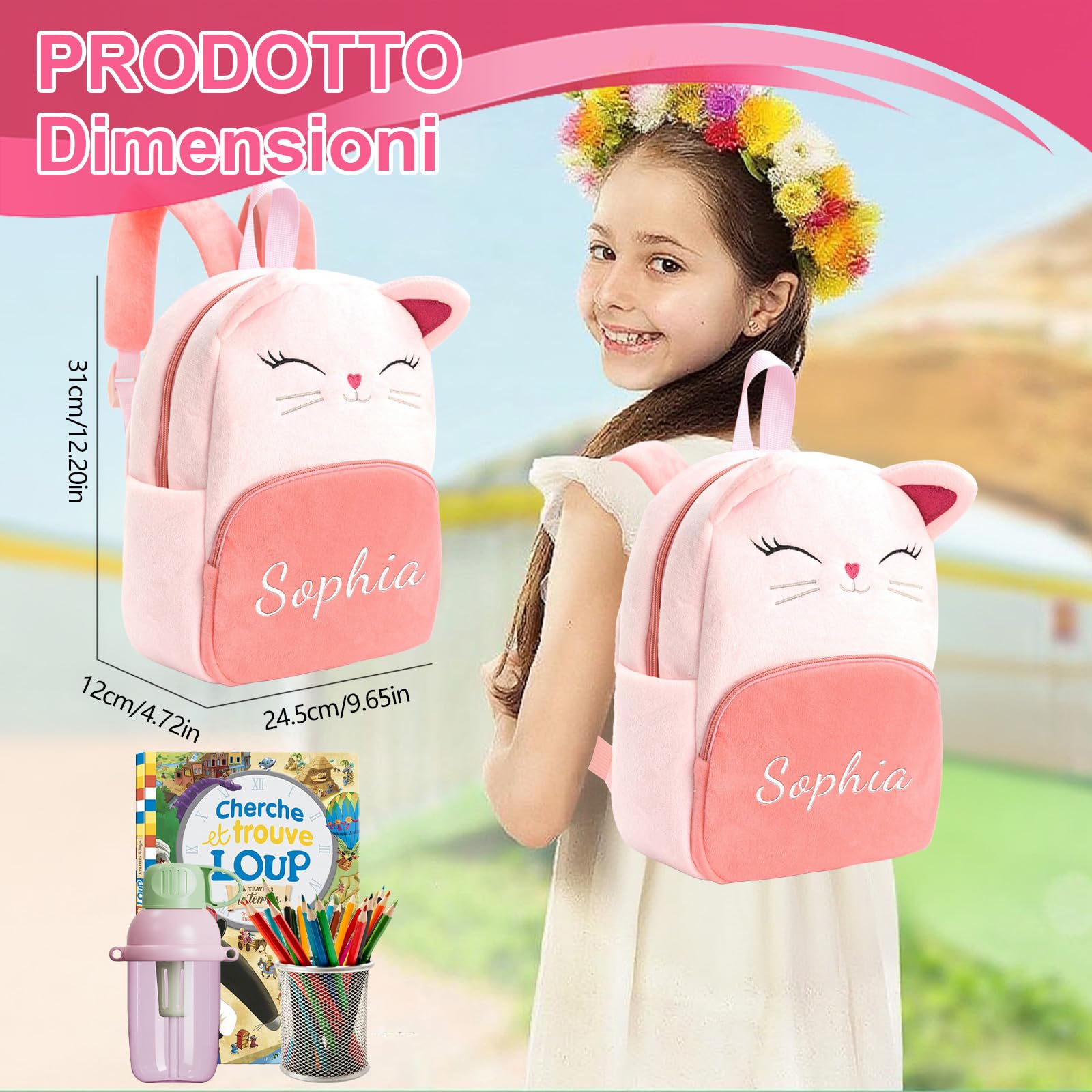 Generico Zaino Asilo Personalizzato con Nome, Zaino per Bambini e Bambine a Forma di Gatto, Mini Zaino Leggero per Asilo Nido, Scuola Materna e Viaggio (Rosso)