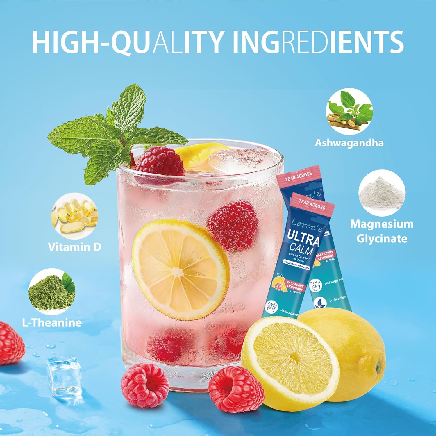 UltraCalm Super Cortisol Drink Packets with Magnesium Glycinate, Ashwagandha, L-Theanine, Vitamin D3, Calming Magnesium Powder for Relaxation & Sleep, Raspberry Lemonade, No Sugar(30 Servings) - Image 3