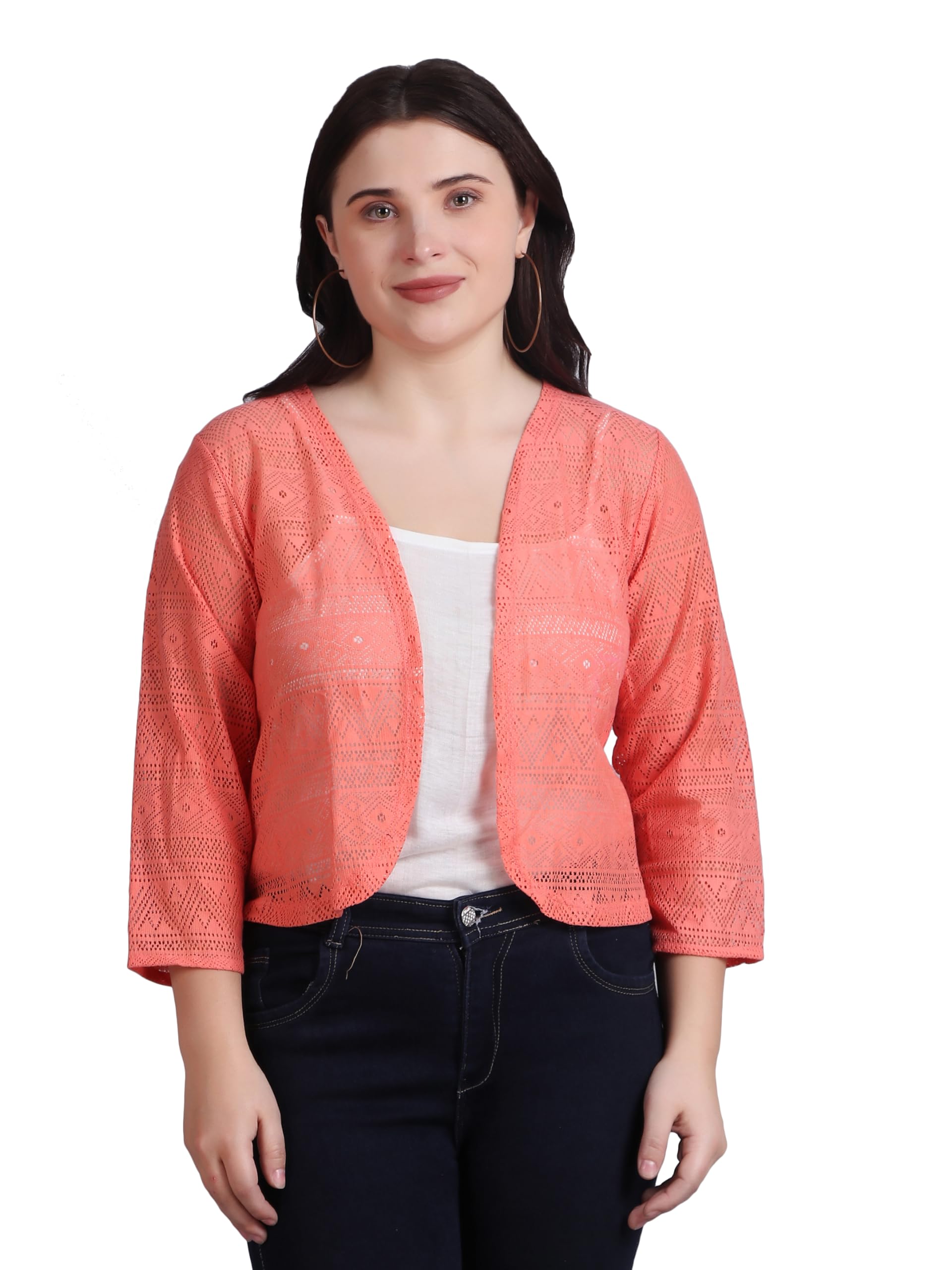 Women Self Design Cotton Lace 3/4th Sleeve Elastic Shrug | Front Open, No Closure | Peach Colour-picture-51