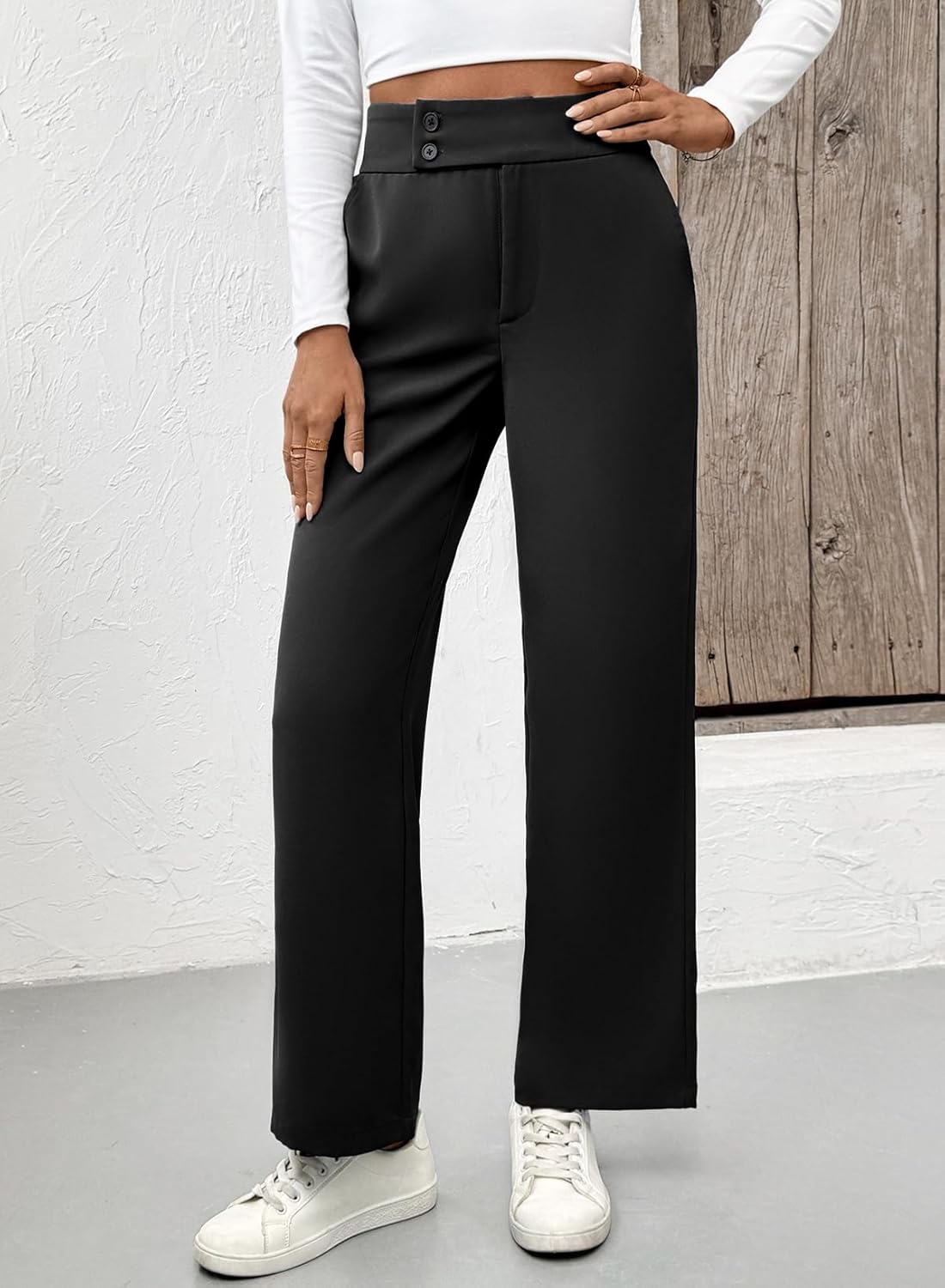 EVALESS Women's Elastic High Waist Straight Leg Pants Business Casual Work Pants Fall Button Down Office Outfits Trousers - Image 4