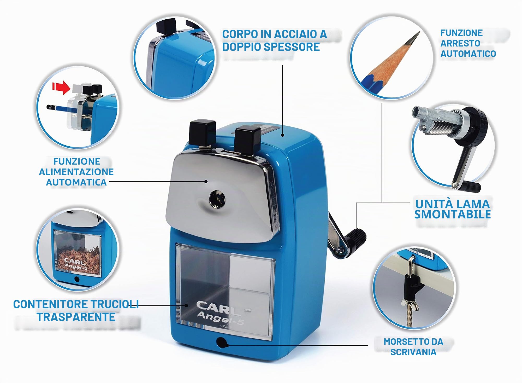 CARL Angel Temperamatite Manuale, Metallo Alluminio, Blu, Four full sized shelves