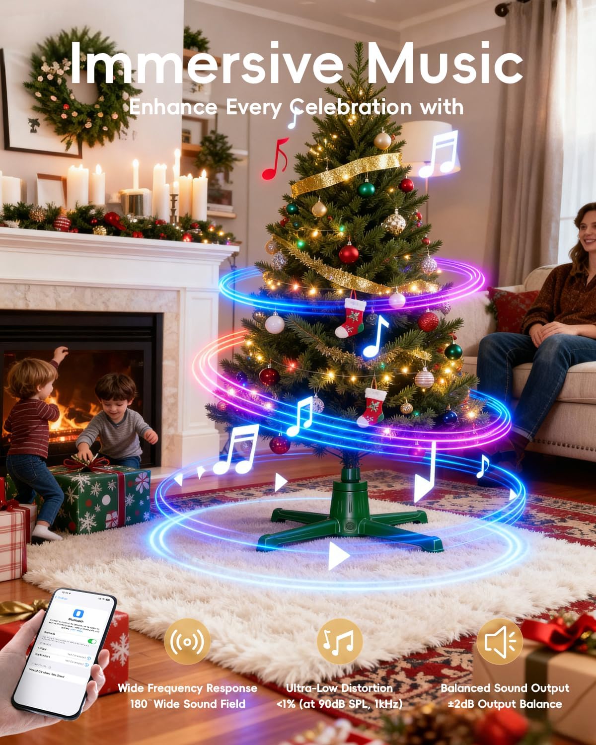 Musical Rotating Christmas Tree Stand with Memory Function, Built-in 6 Outlets 800W, Anti-tilt Noiseless 360 Degree Spinning Stand with Remote and Speaker, Up to 9ft 120 lb Artificial Trees