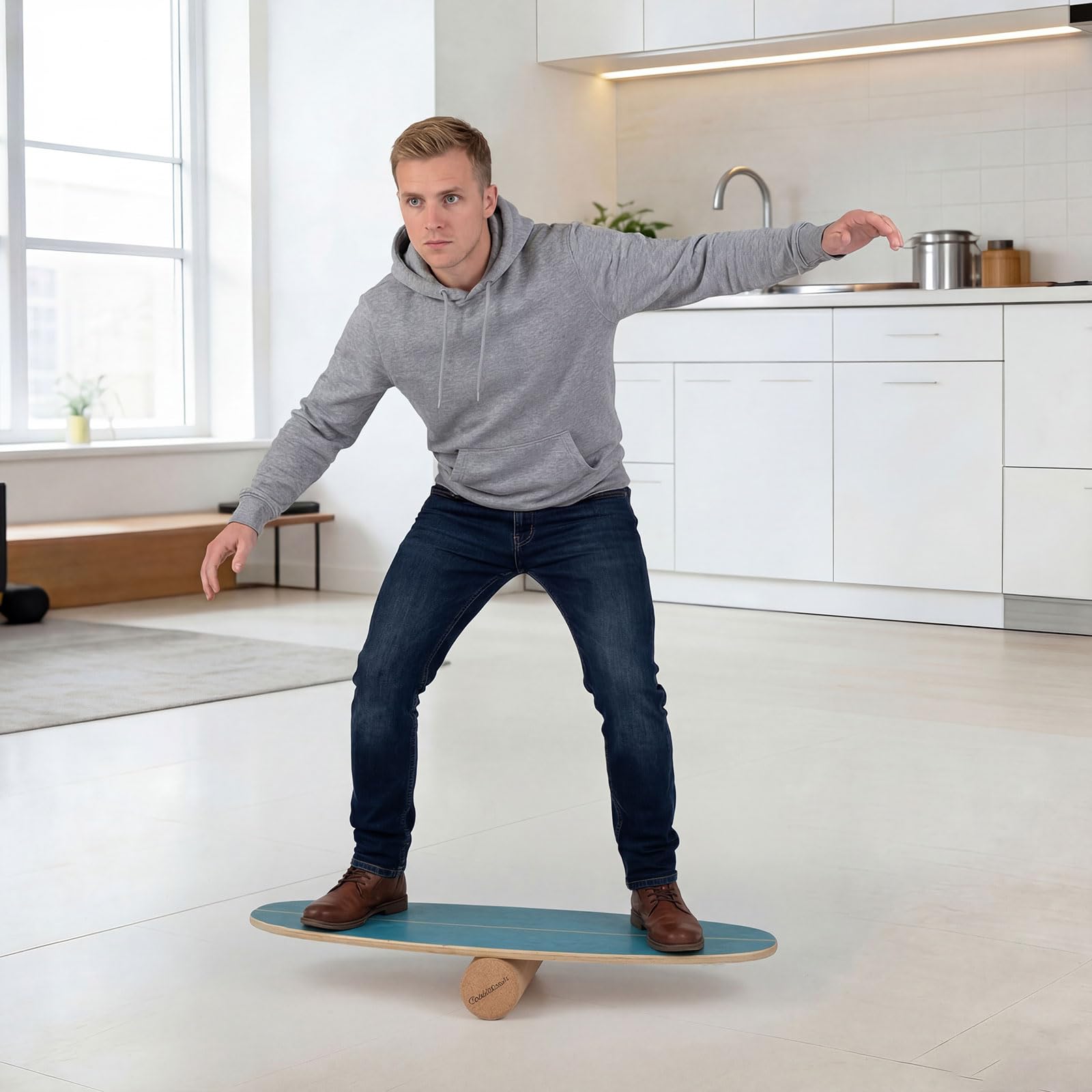 FANTASK Balance Board aus Birkenholz, FSC-zertifiziertes Wackelbrett mit Korkrolle & Halterung, Gleichgewichtstrainer für Erwachsene, Surfboard indoor, 150 kg Belastbar