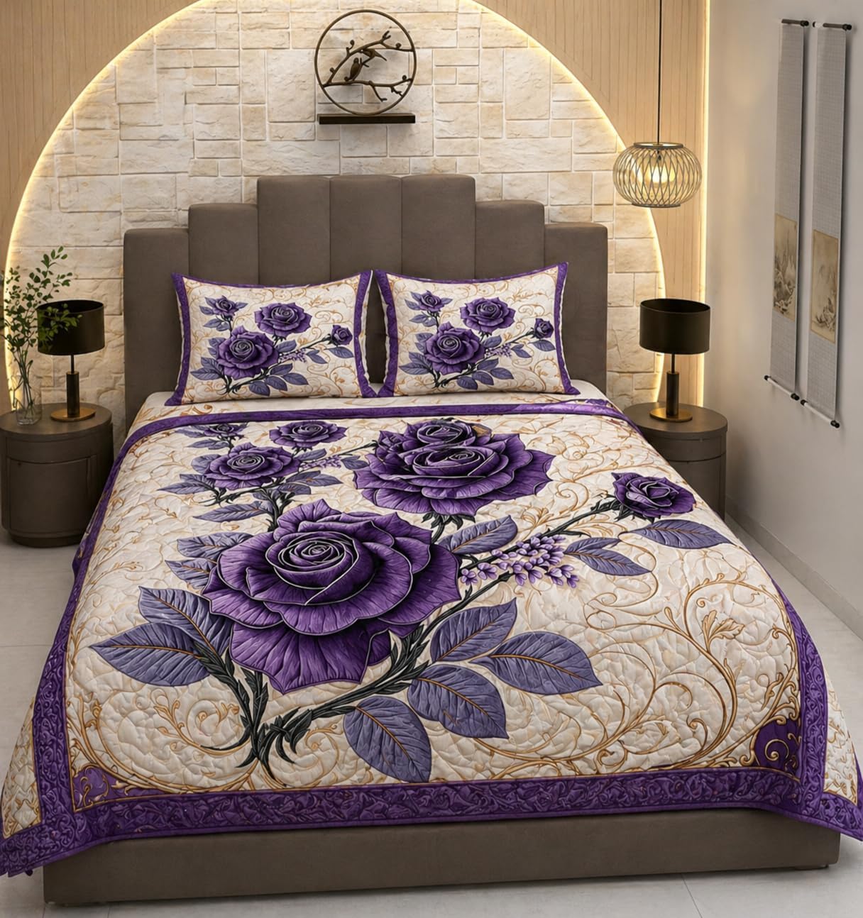 Blue Strip 90x100 Double Bed Digital Print Bedsheet with 2 Pillow Covers | Purple Rose Floral Design, Pillow Covers 18x28 Inches, Decorative Bedding Set for Home, Bedroom & Hotel-image-6