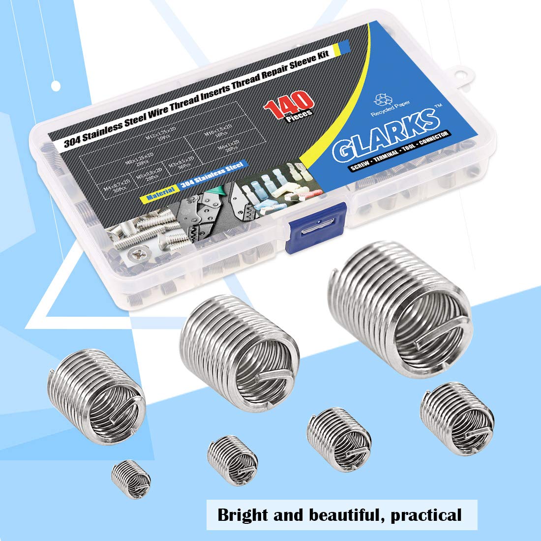 Glarks 140Pcs 304 Stainless Steel Metric M3 M4 M5 M6 M8 M10 M12 Wire Thread Inserts Steel Sheath Helical Type Coiled Wire Screw Repair Sleeve Assortment Kit